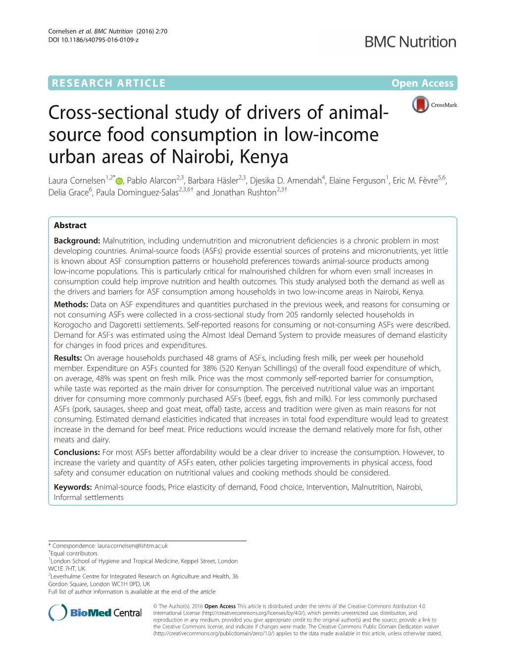 Cross-Sectional Study of Drivers of Animal-Source Food Consumption In