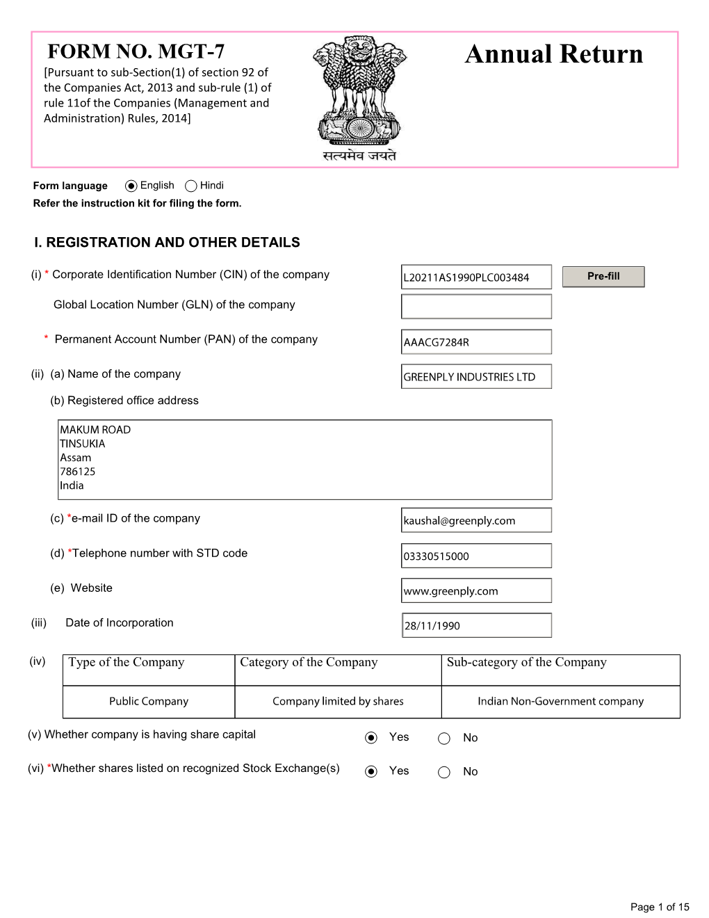 Annual Return [Pursuant to Sub-Section(1) of Section 92 of the Companies Act, 2013 and Sub-Rule (1) of Rule 11Of the Companies (Management And