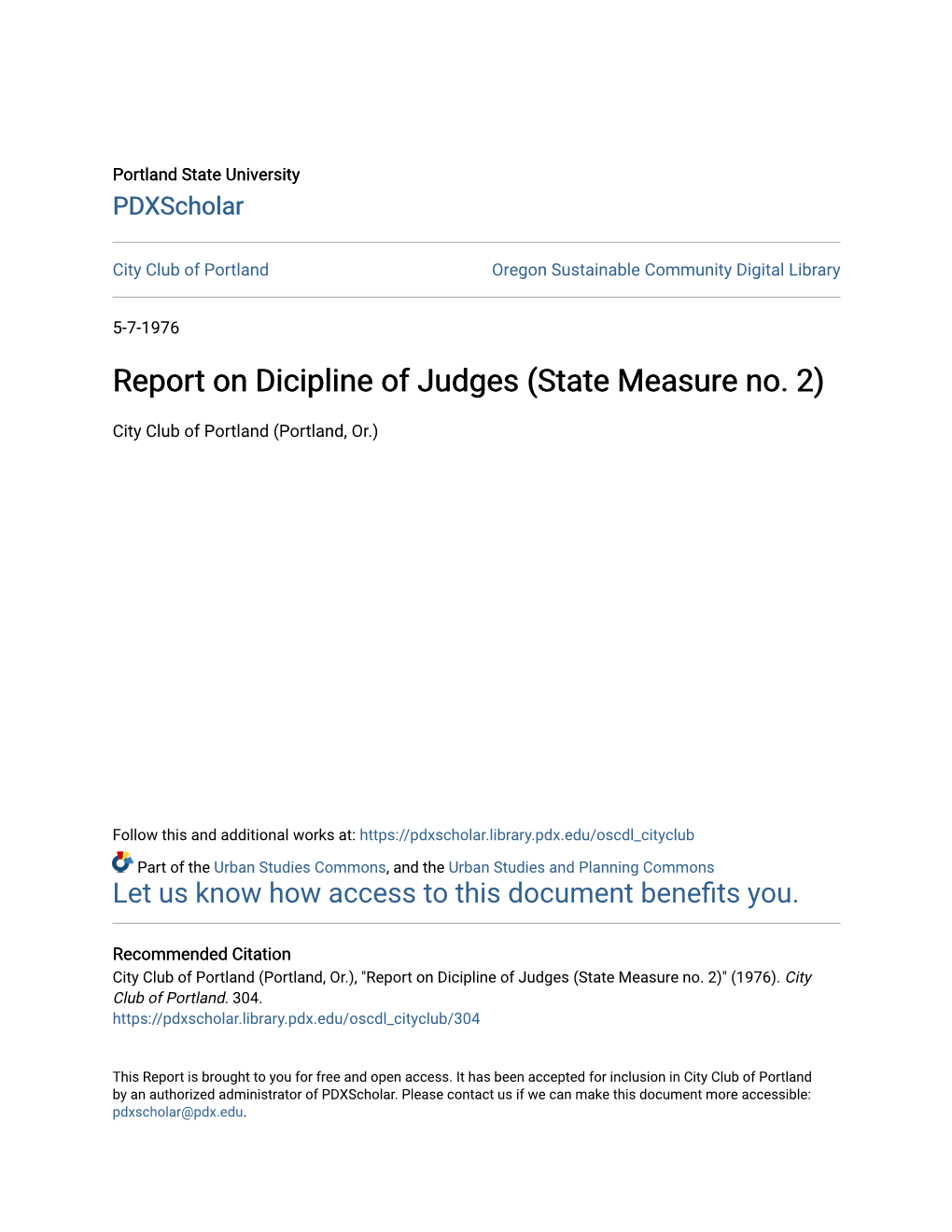 Report on Dicipline of Judges (State Measure No. 2)