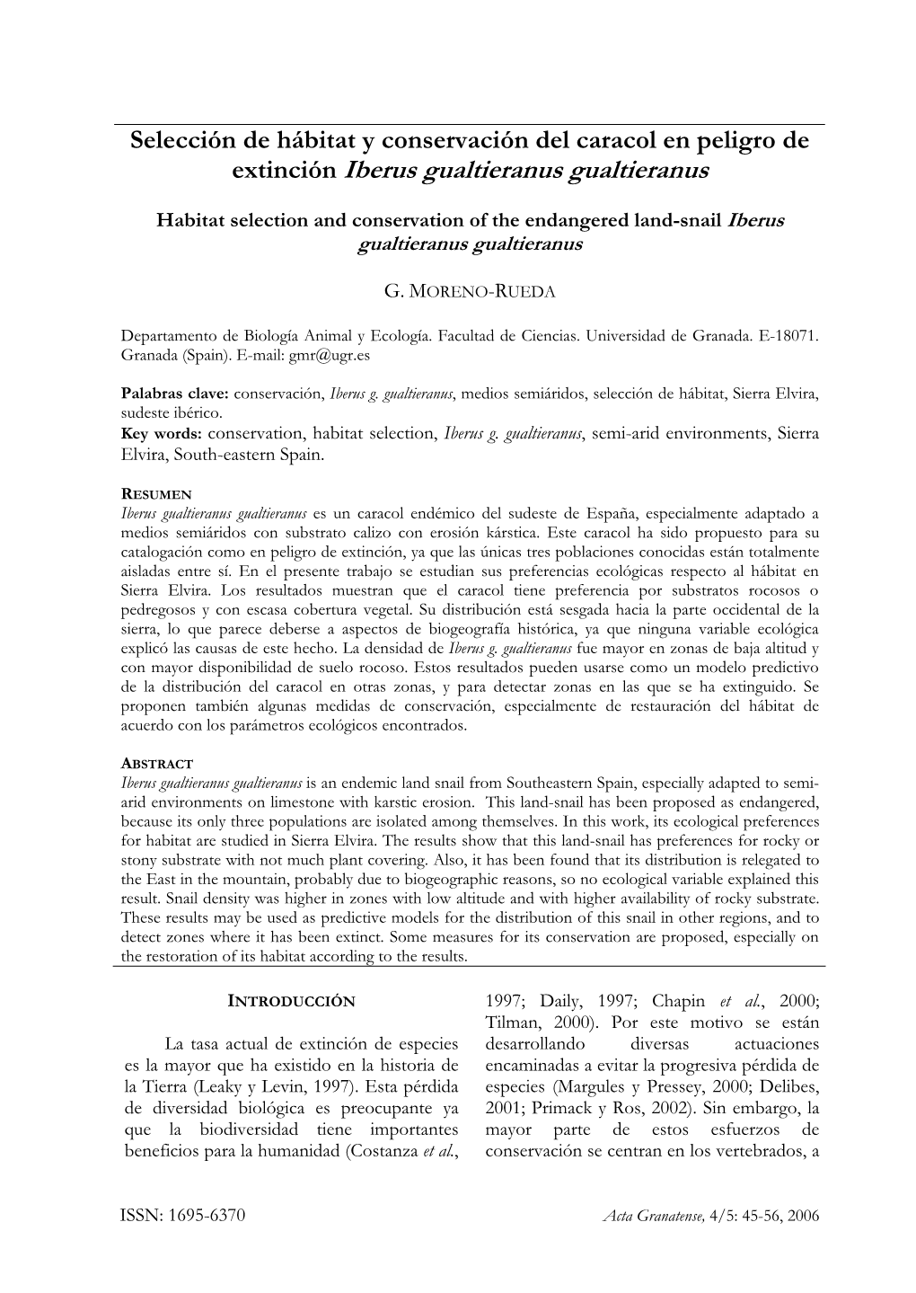 Habitat Selection and Conservation of the Endangered Land-Snail Iberus Gualtieranus Gualtieranus