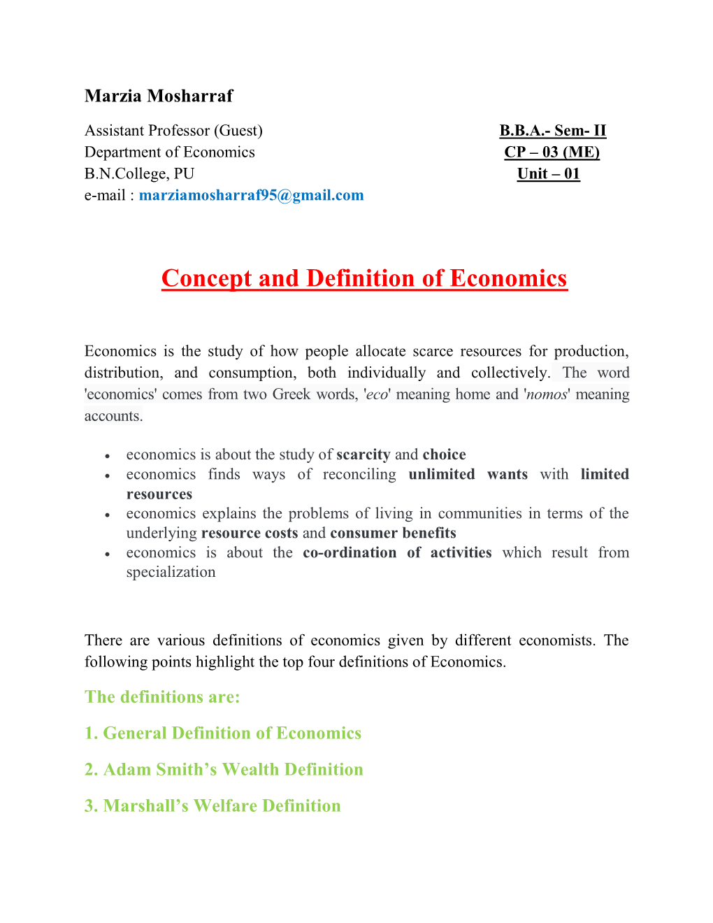 Concept and Definition of Economics