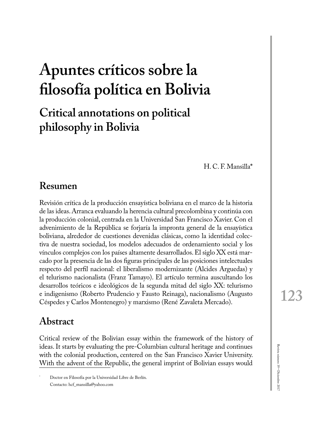 Apuntes Críticos Sobre La Filosofía Política En Bolivia