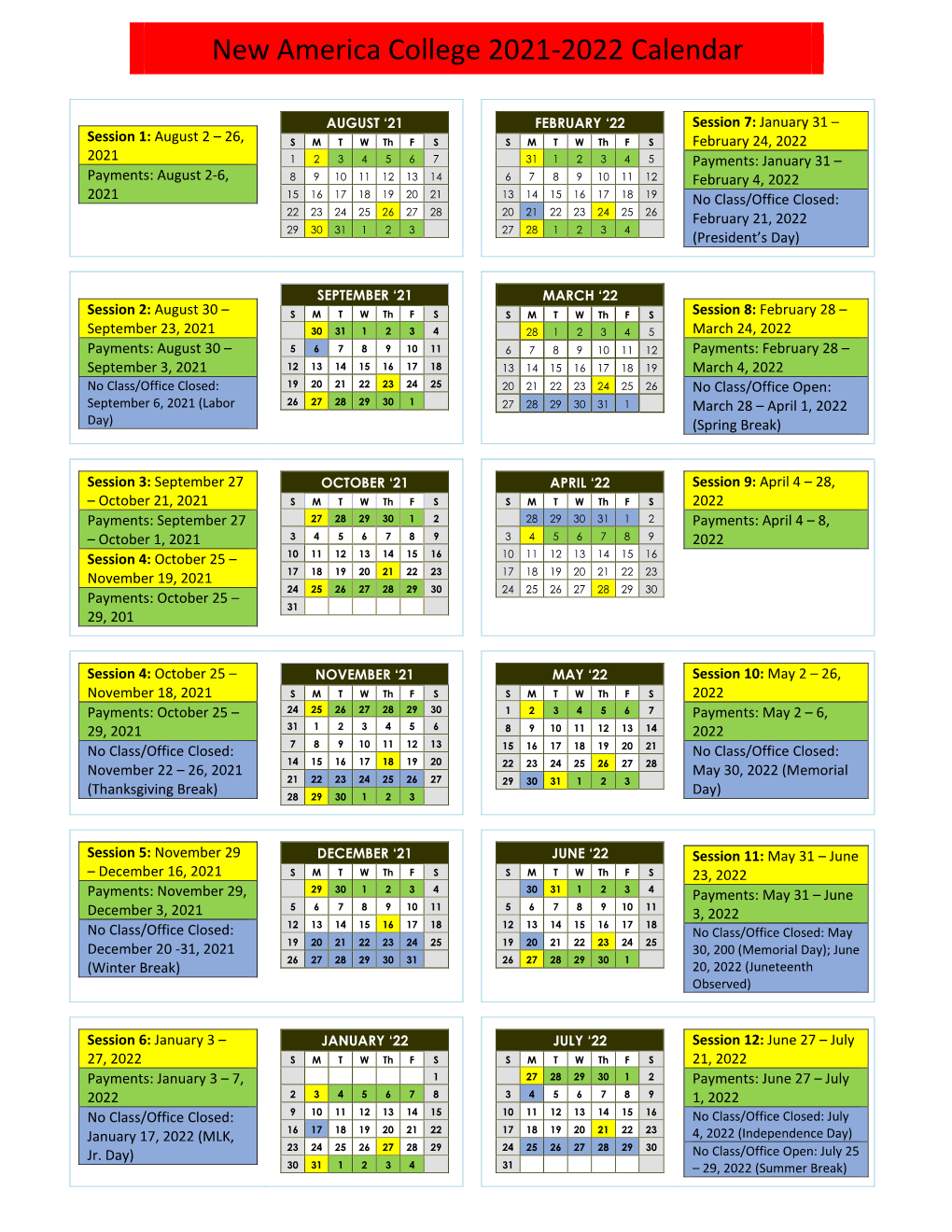 New America College 2021-2022 Calendar