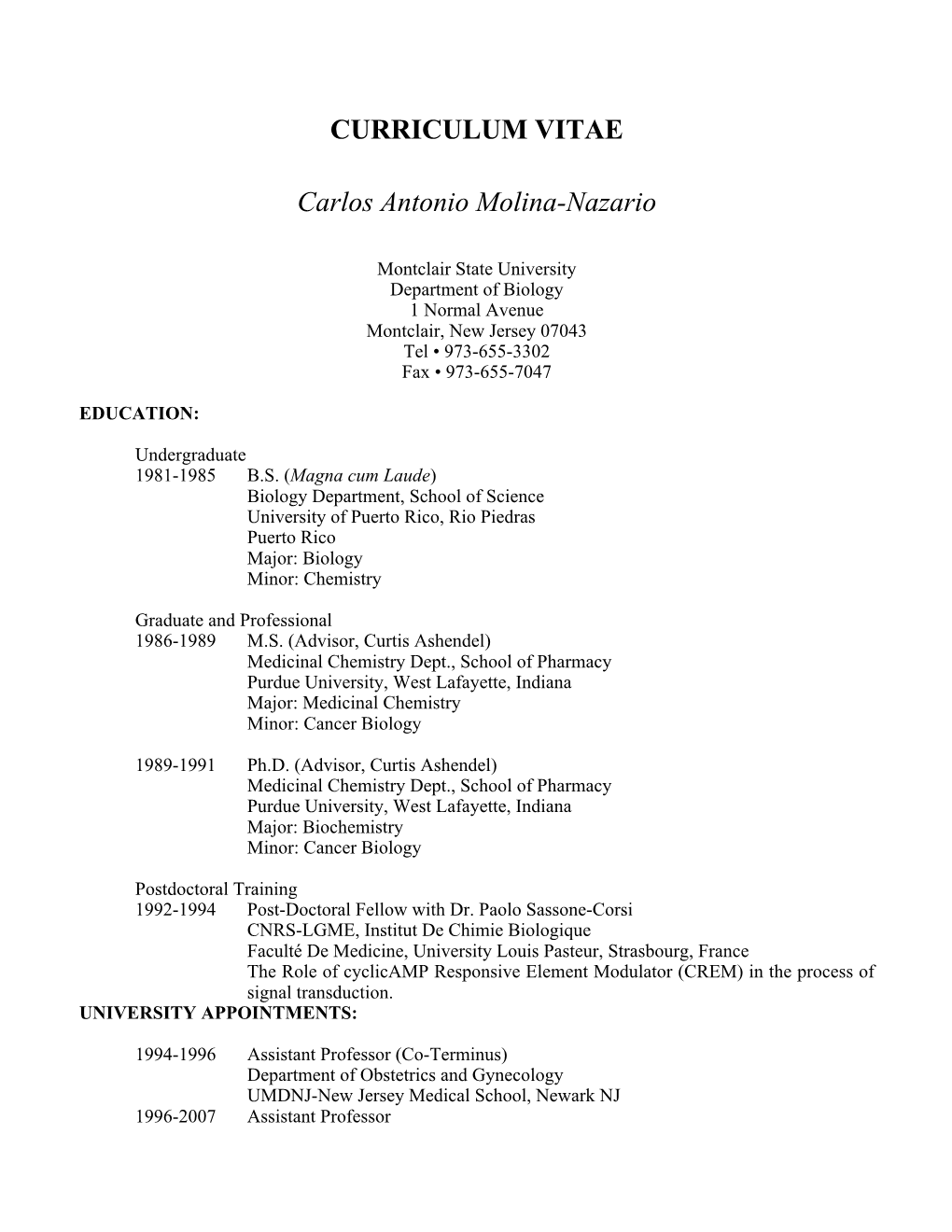 CURRICULUM VITAE Carlos Antonio Molina-Nazario