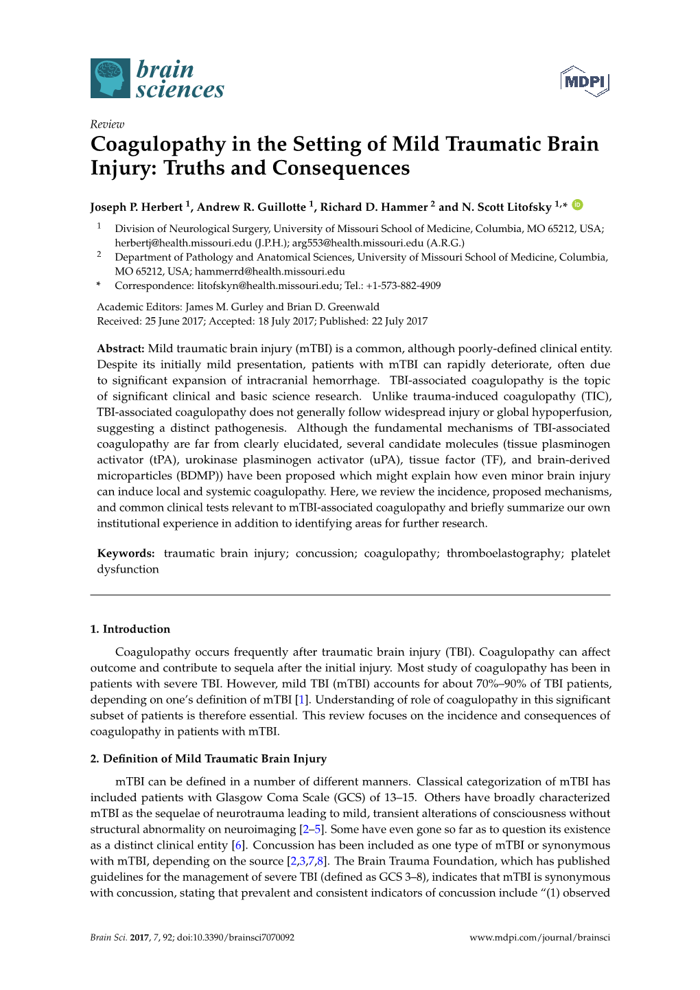 Coagulopathy in the Setting of Mild Traumatic Brain Injury: Truths and Consequences