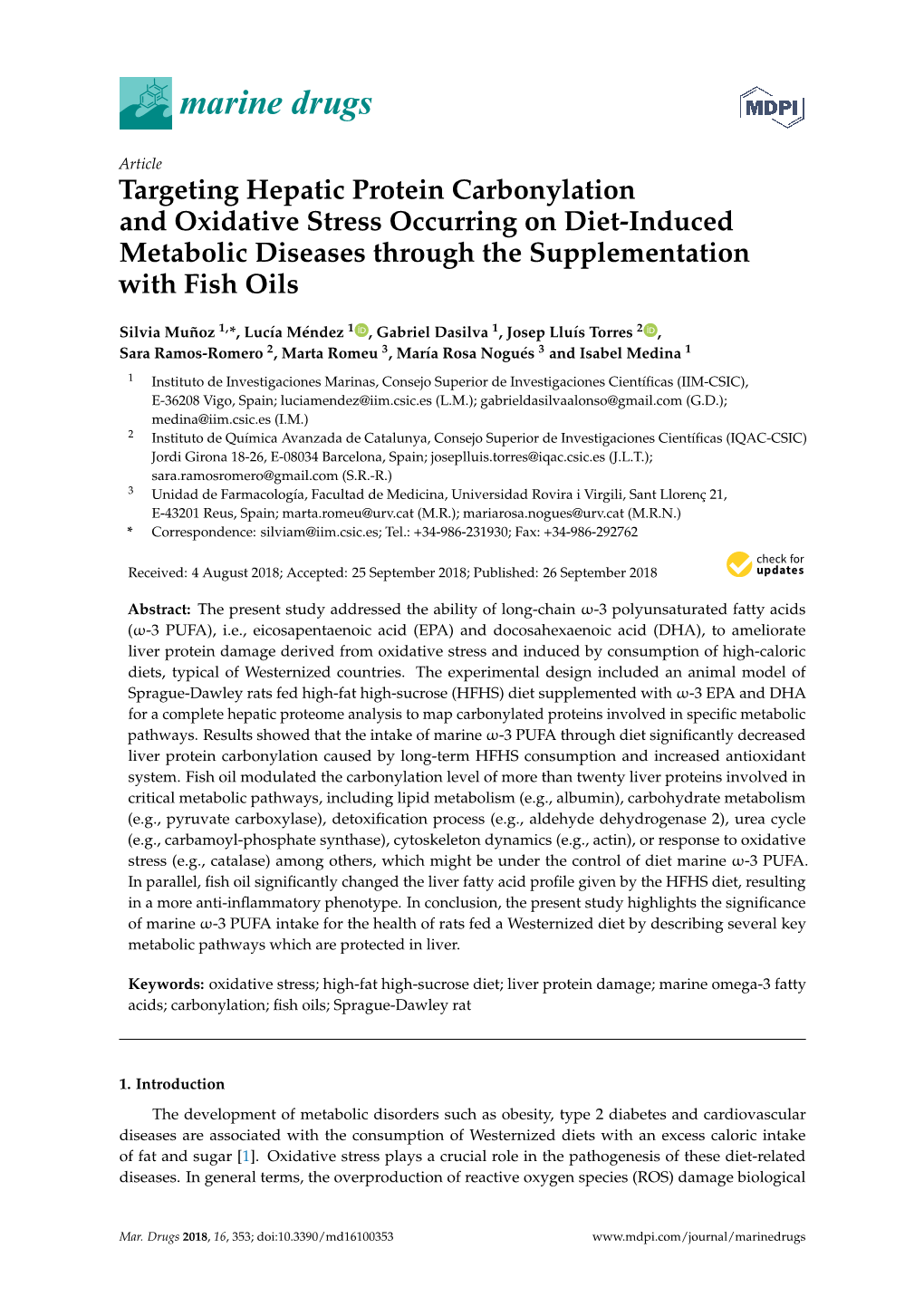 Targeting Hepatic Protein Carbonylation and Oxidative Stress Occurring on Diet-Induced Metabolic Diseases Through the Supplementation with Fish Oils