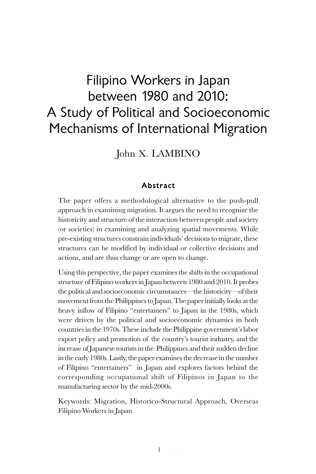 Filipino Workers in Japan Between 1980 and 2010: a Study of Political and Socioeconomic Mechanisms of International Migration