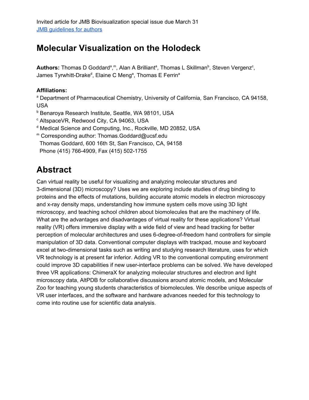 Molecular Visualization on the Holodeck Abstract