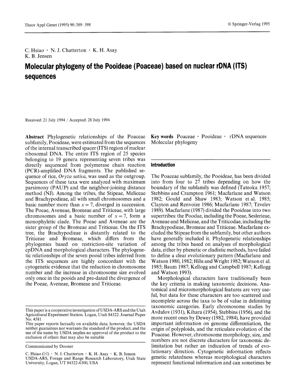 Molecular Phylogeny of the Pooideae (Poaceae) Based on Nuclear Rdna (ITS) Sequences