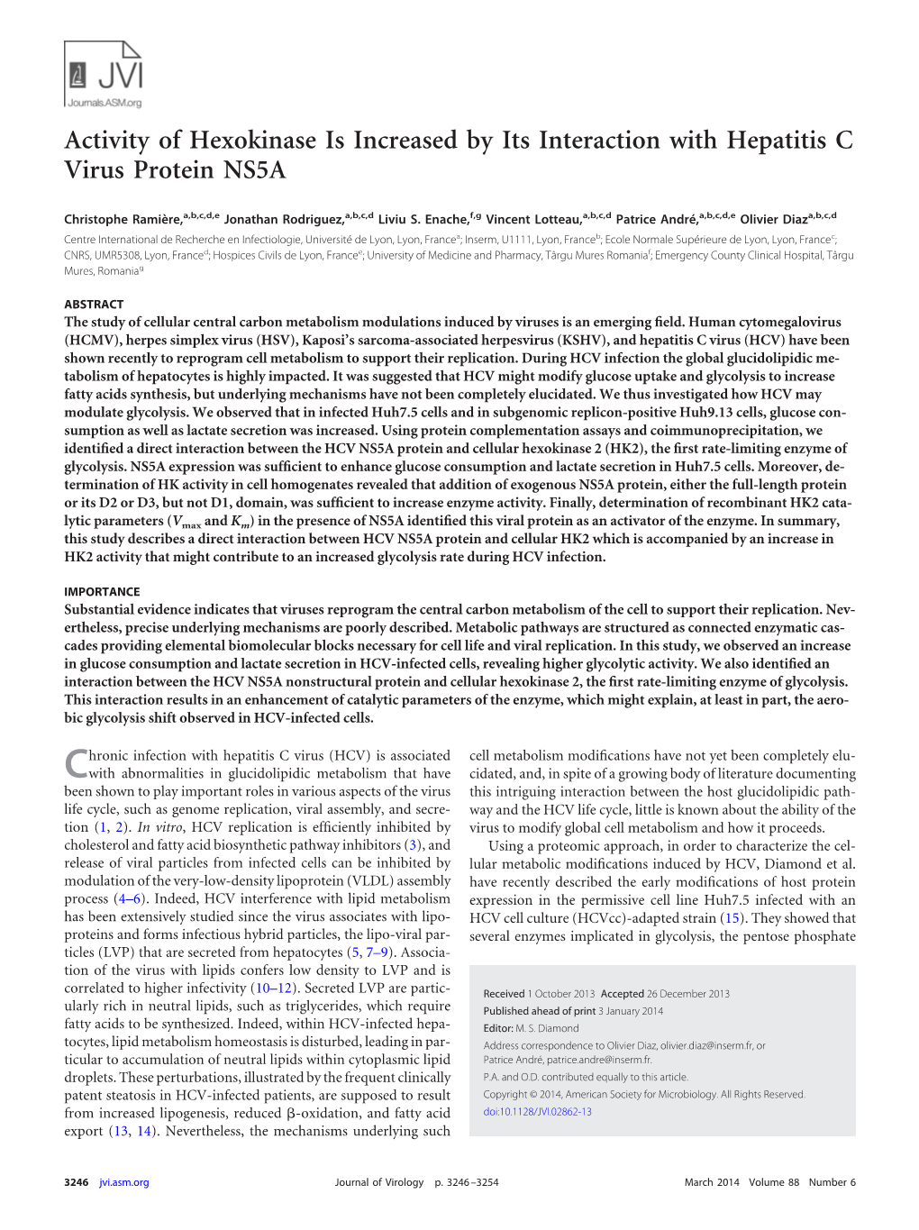 Activity of Hexokinase Is Increased by Its Interaction with Hepatitis C Virus Protein NS5A