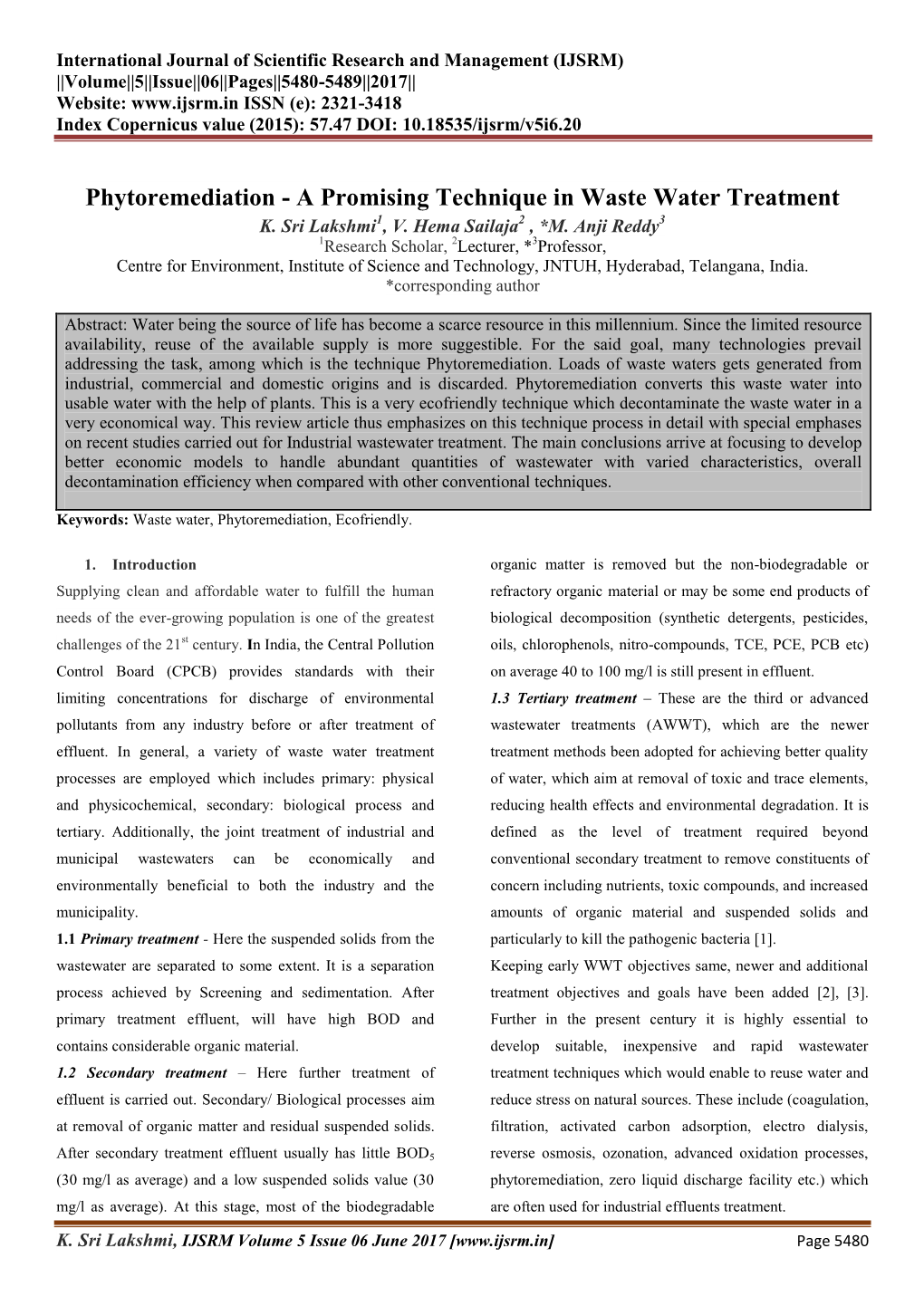 Phytoremediation - a Promising Technique in Waste Water Treatment K