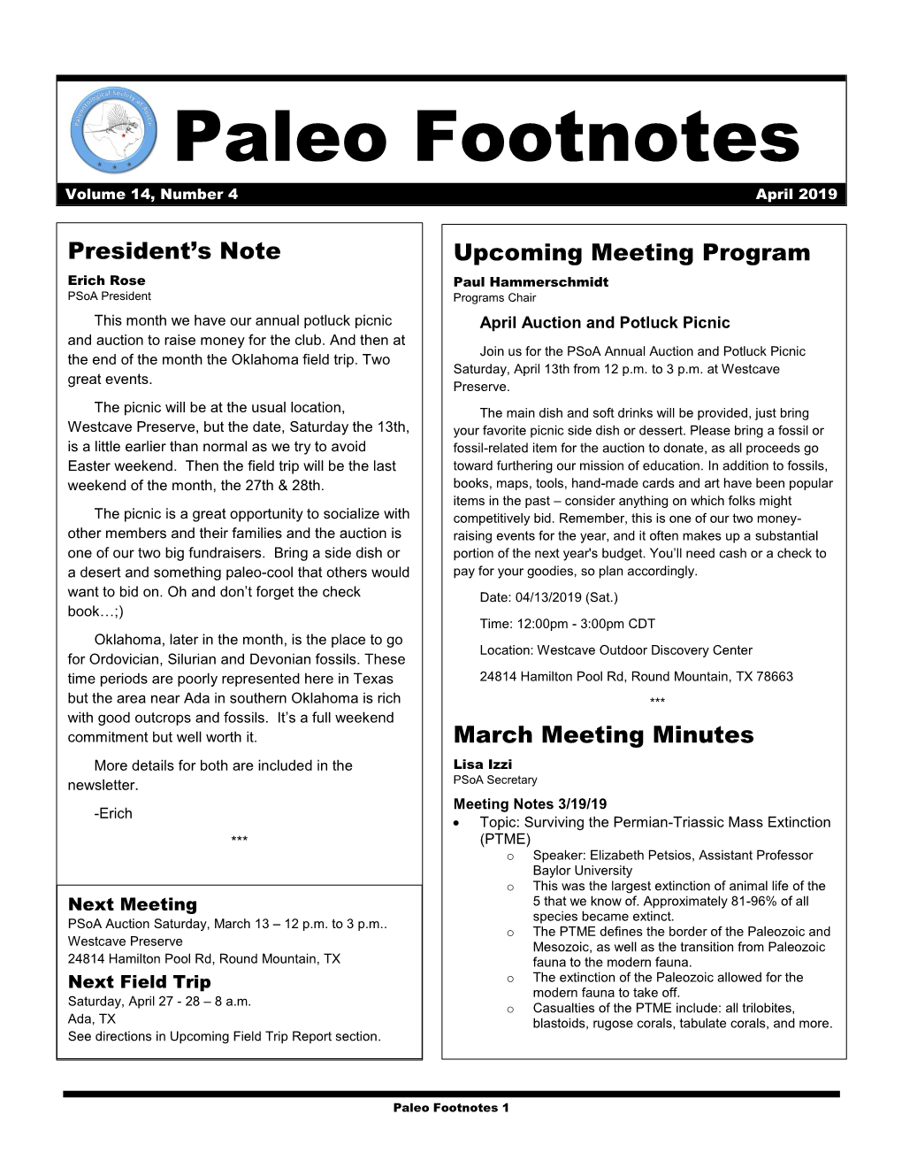 Paleo Footnotes Volume 14, Number 4 April 2019