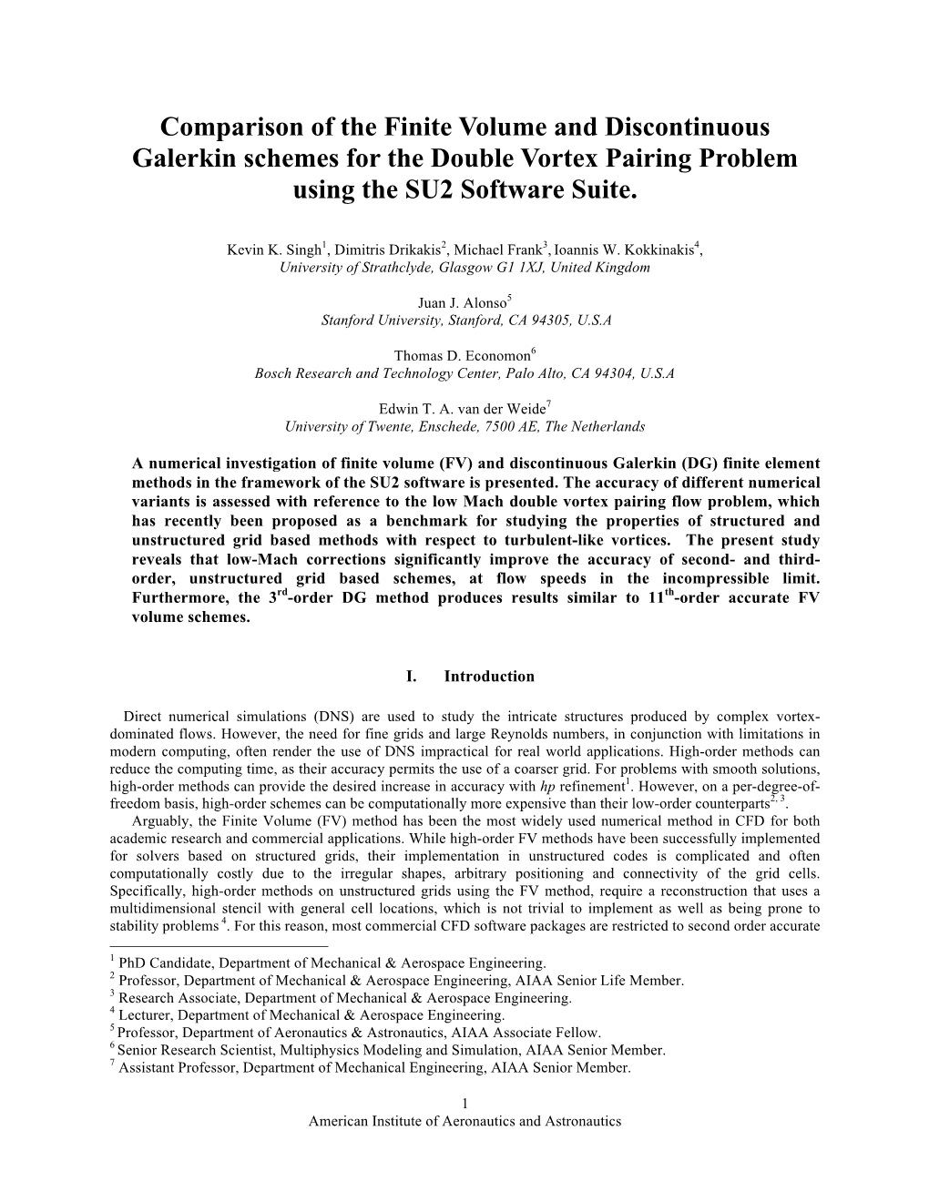 Comparison of the Finite Volume and Discontinuous Galerkin Schemes for the Double Vortex Pairing Problem Using the SU2 Software Suite