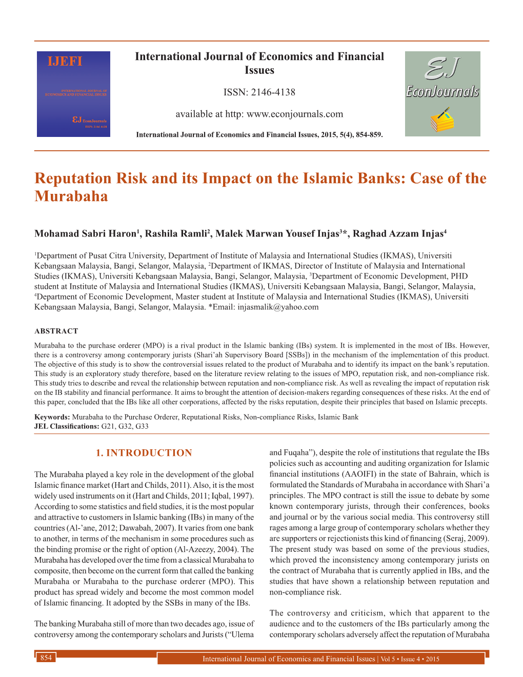 Reputation Risk and Its Impact on the Islamic Banks: Case of the Murabaha