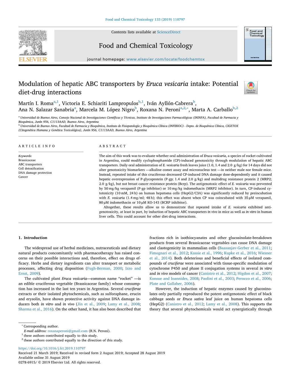 Modulation of Hepatic ABC Transporters by Eruca Vesicaria Intake: Potential Diet-Drug Interactions T