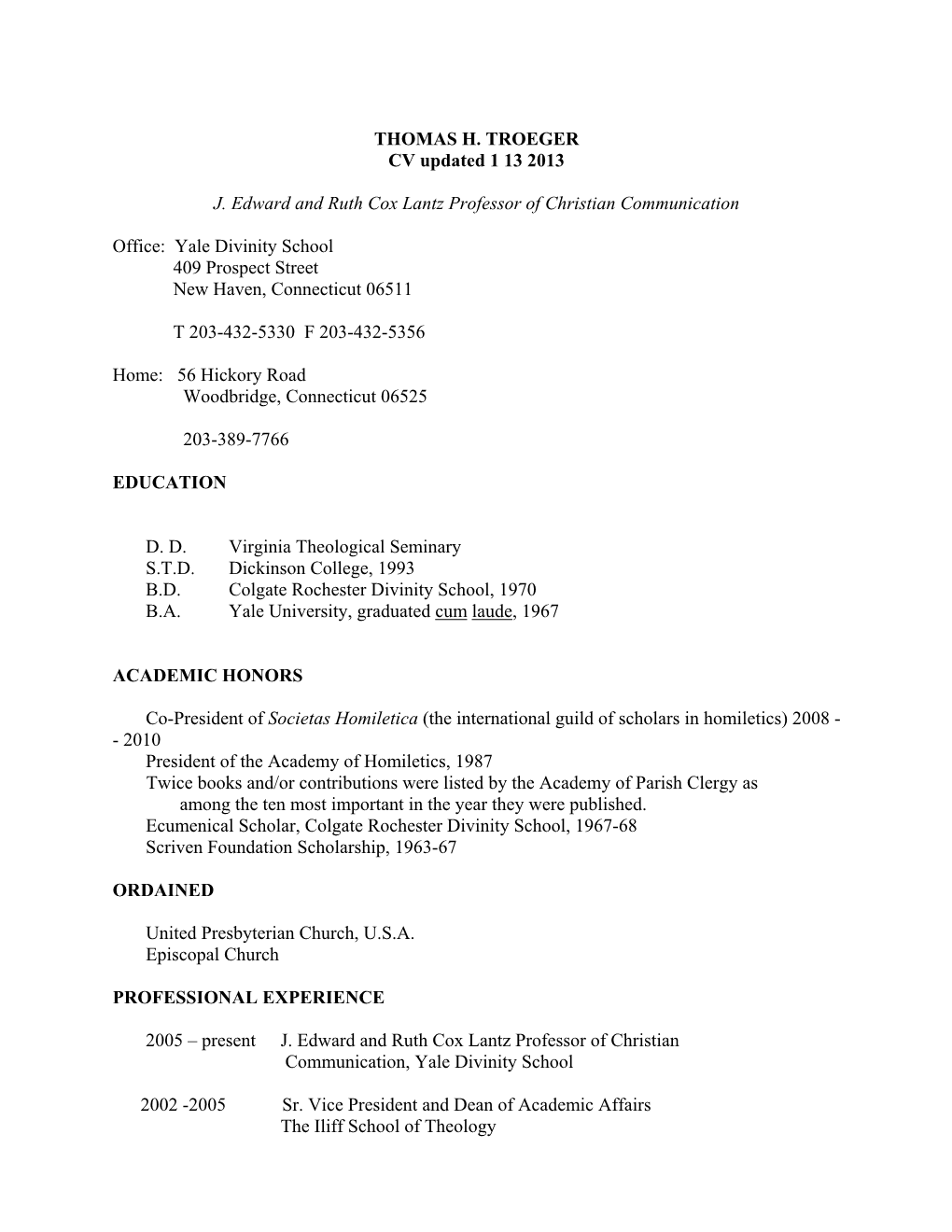 THOMAS H. TROEGER CV Updated 1 13 2013 J. Edward and Ruth Cox
