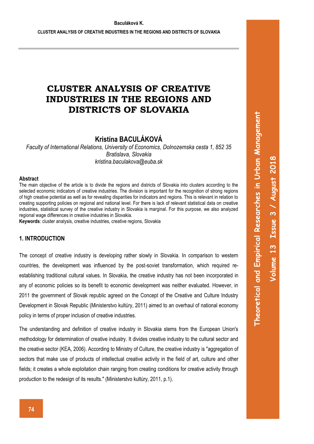 Cluster Analysis of Creative Industries in the Regions and Districts of Slovakia