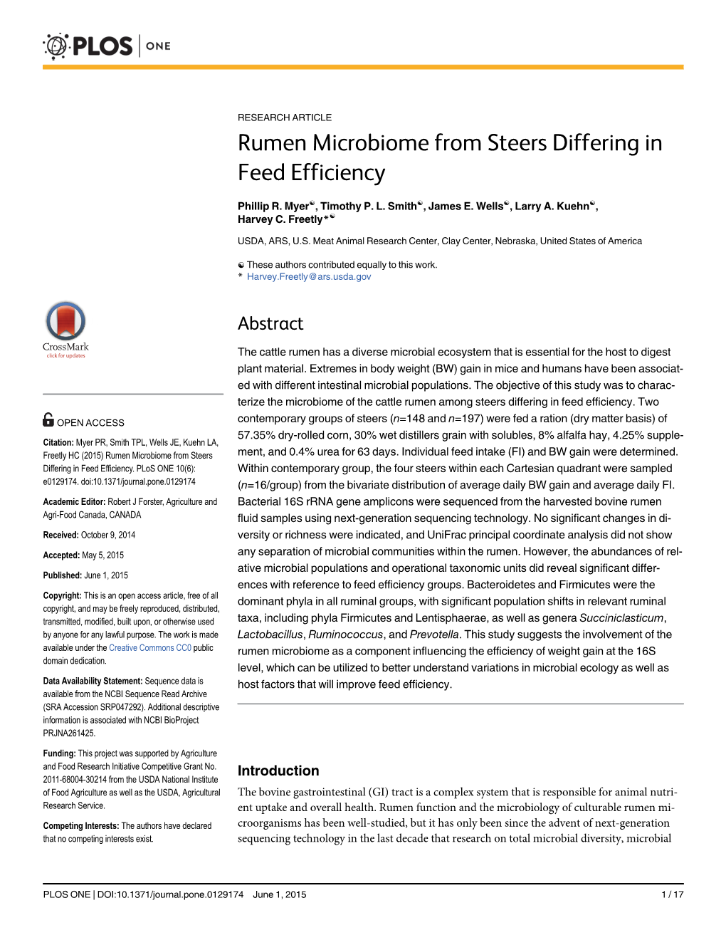 Rumen Microbiome from Steers Differing in Feed Efficiency