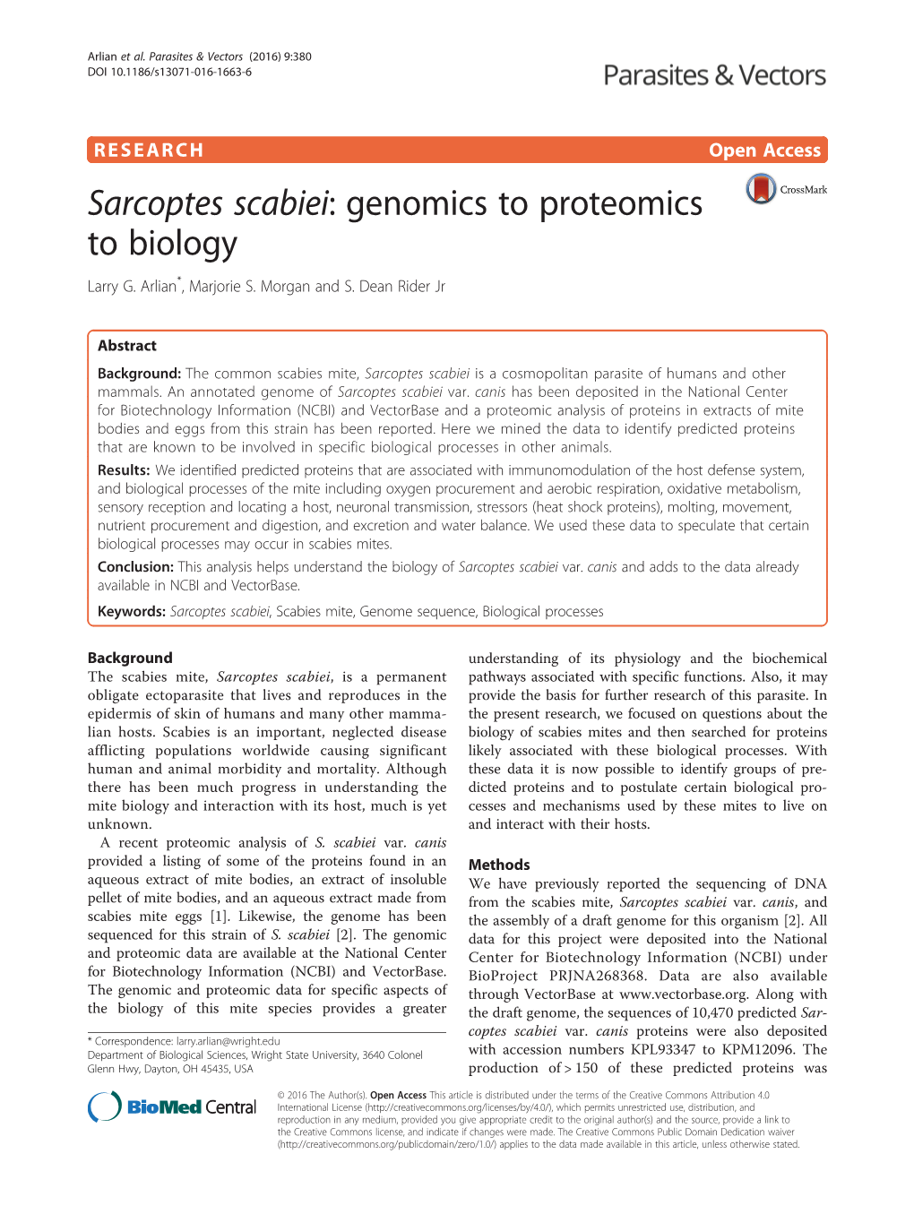 Sarcoptes Scabiei: Genomics to Proteomics to Biology Larry G