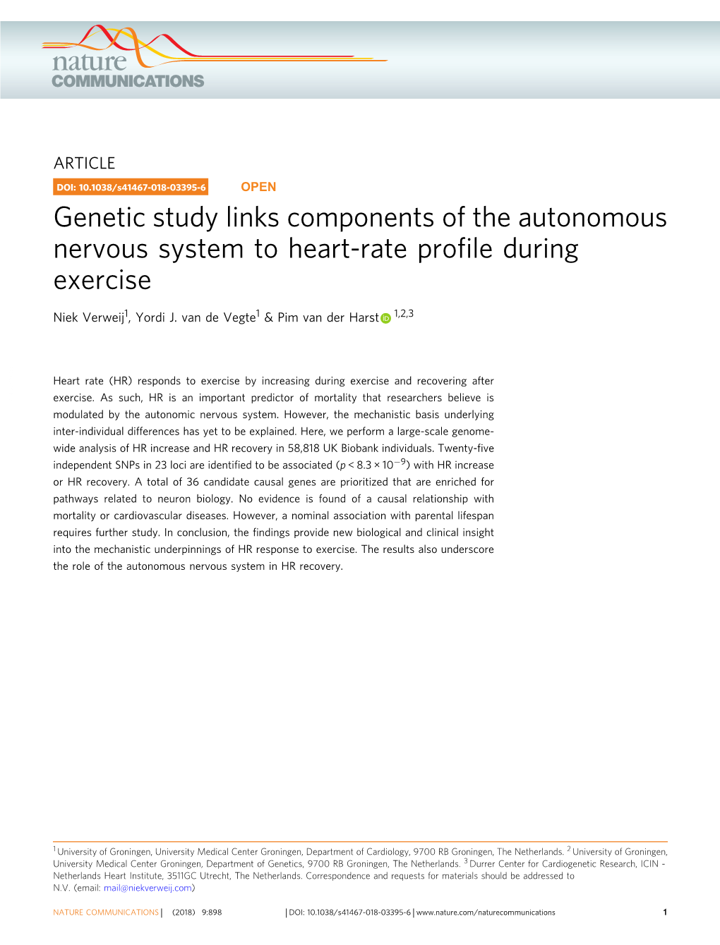 Genetic Study Links Components of the Autonomous Nervous System to Heart-Rate Proﬁle During Exercise