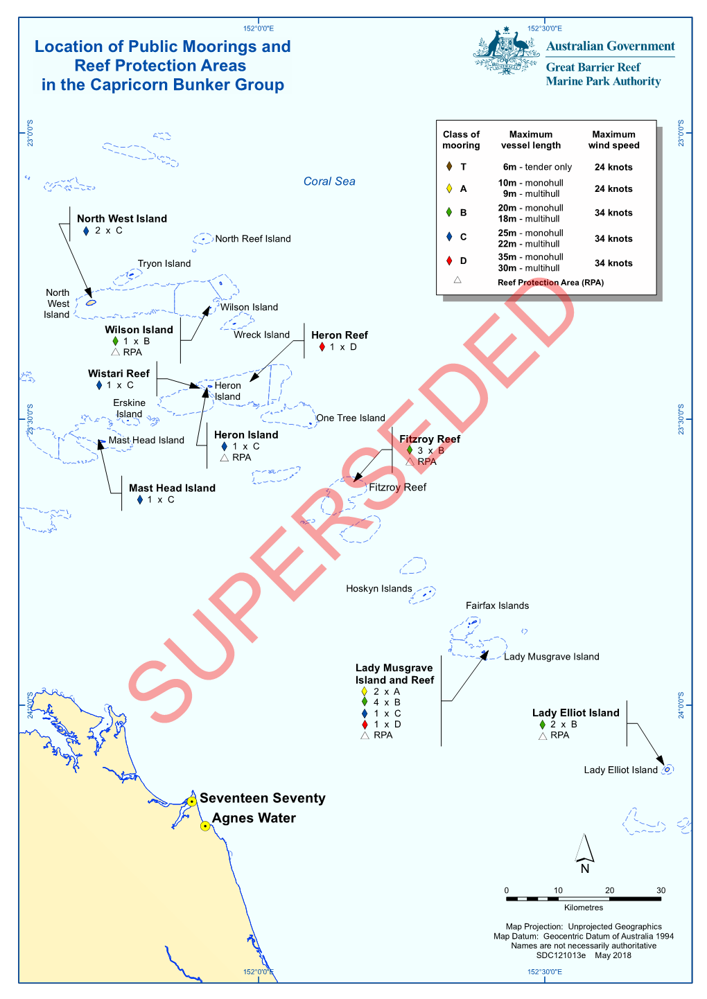 Location of Public Moorings and Reef Protection Areas in the Capricorn Bunker Group