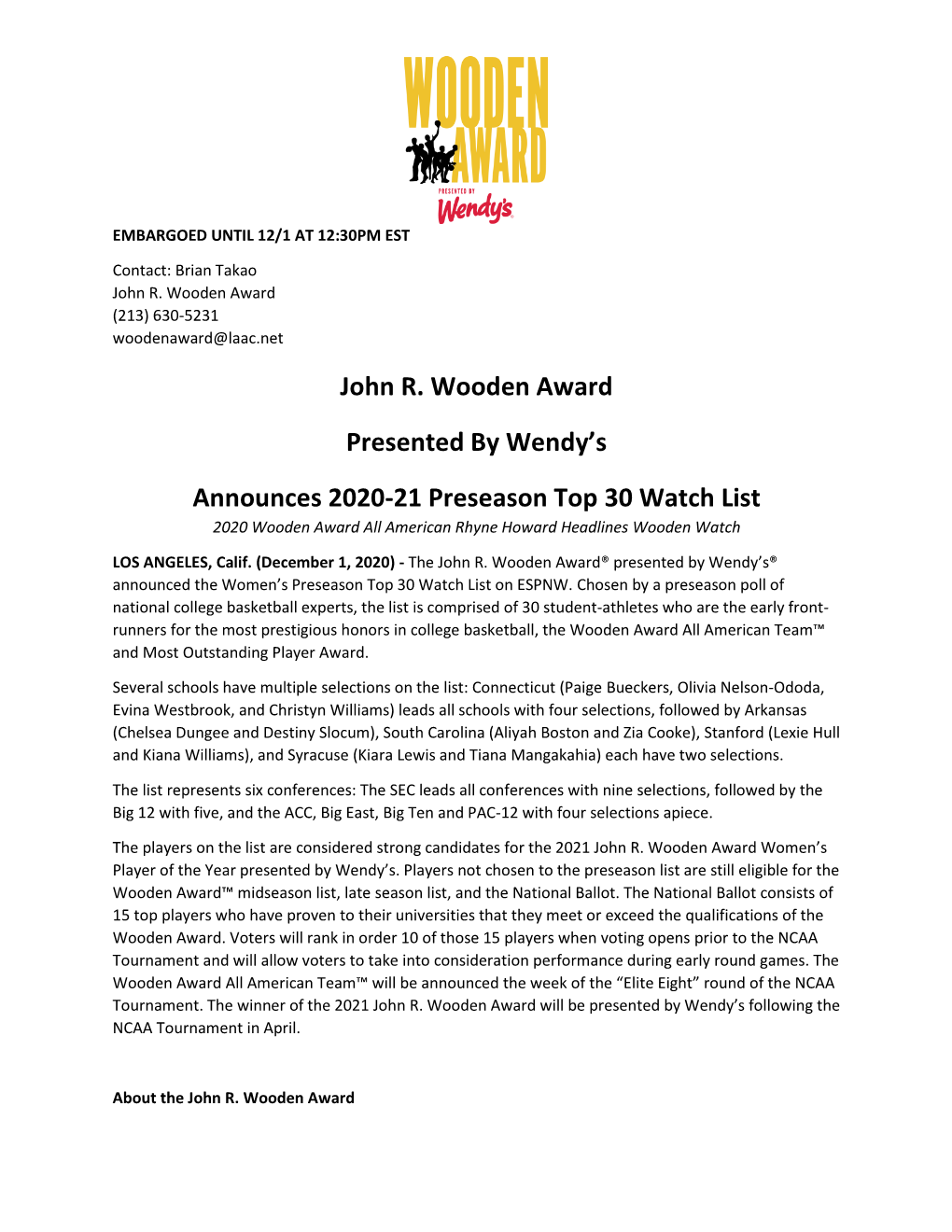 John R. Wooden Award Presented by Wendy's Announces 2020-21