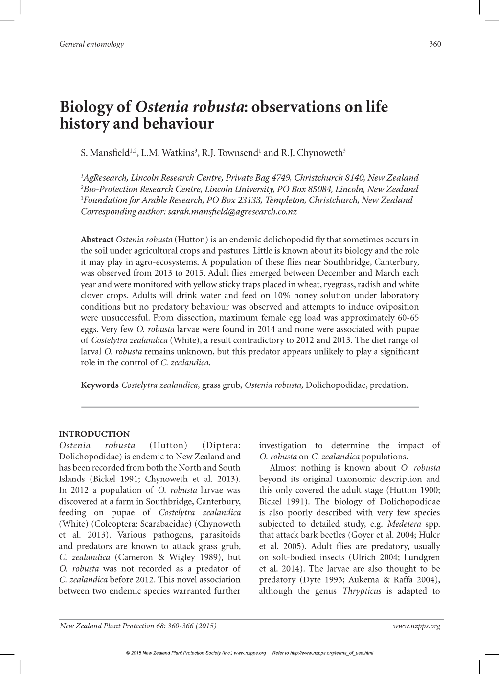 Biology of Ostenia Robusta: Observations on Life History and Behaviour