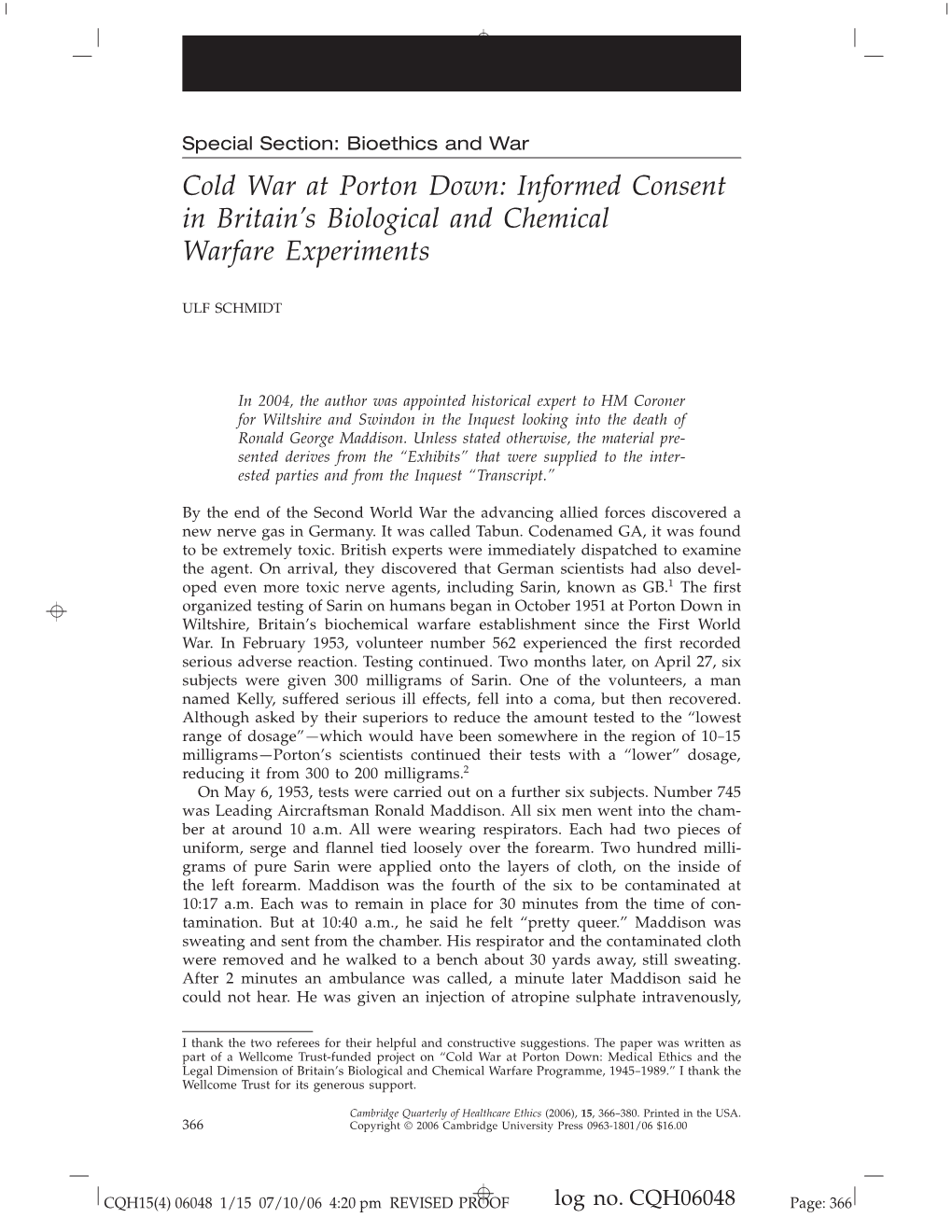 Cold War at Porton Down: Informed Consent in Britain’S Biological and Chemical Warfare Experiments