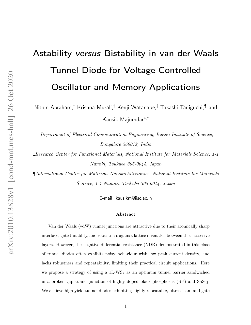 Astability Versus Bistability in Van Der Waals Tunnel Diode for Voltage Controlled Oscillator and Memory Applications