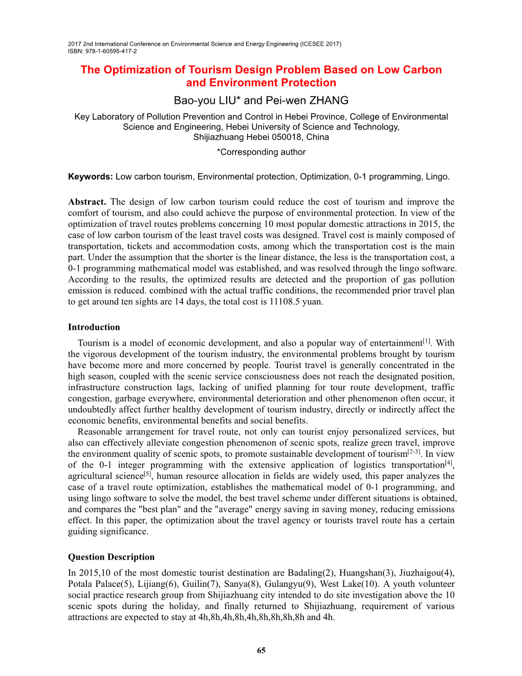 The Optimization of Tourism Design Problem Based on Low Carbon And