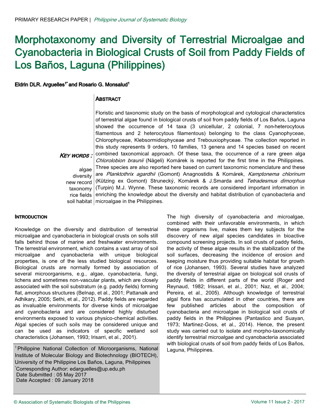 Morphotaxonomy and Diversity of Terrestrial Microalgae and Cyanobacteria in Biological Crusts of Soil from Paddy Fields of Los Baños, Laguna (Philippines)