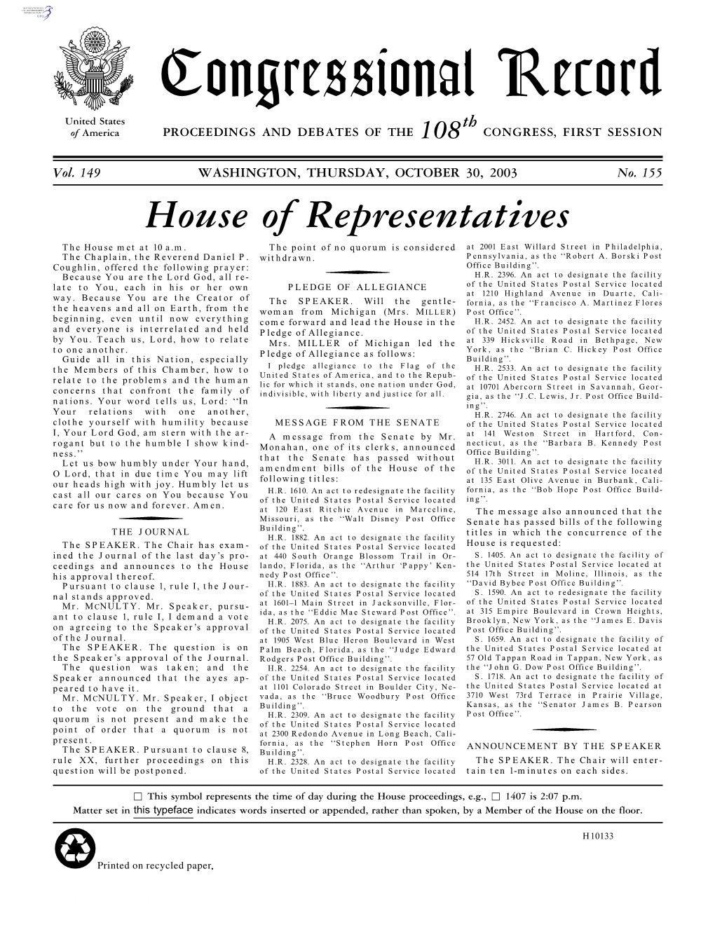 Congressional Record United States Th of America PROCEEDINGS and DEBATES of the 108 CONGRESS, FIRST SESSION