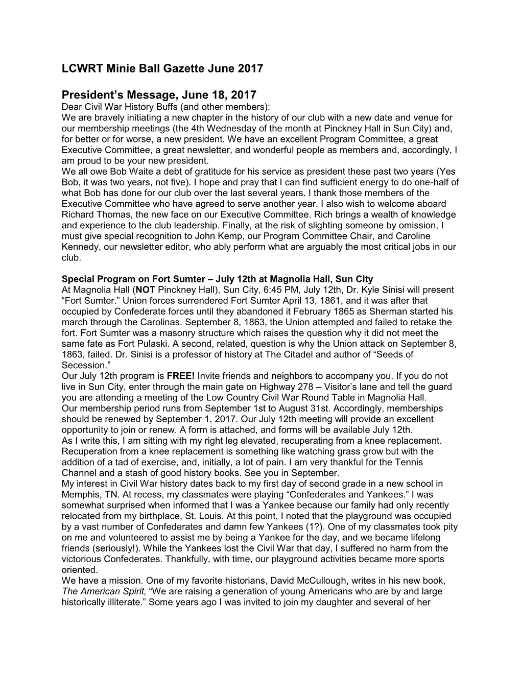 LCWRT Minie Ball Gazette June 2017 President's Message, June 18, 2017