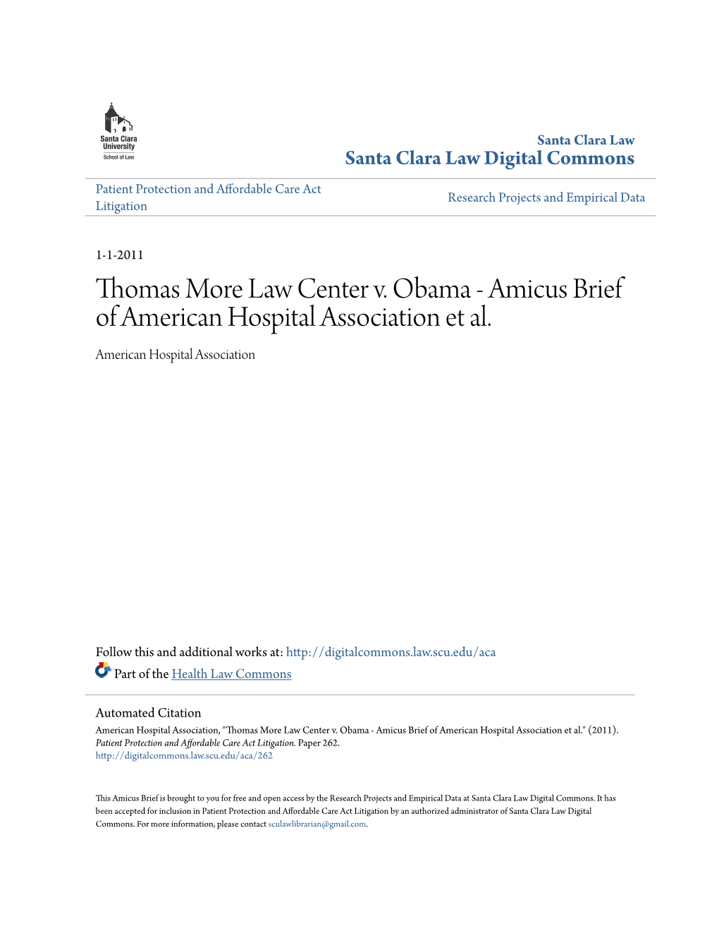 Thomas More Law Center V. Obama - Amicus Brief of American Hospital Association Et Al