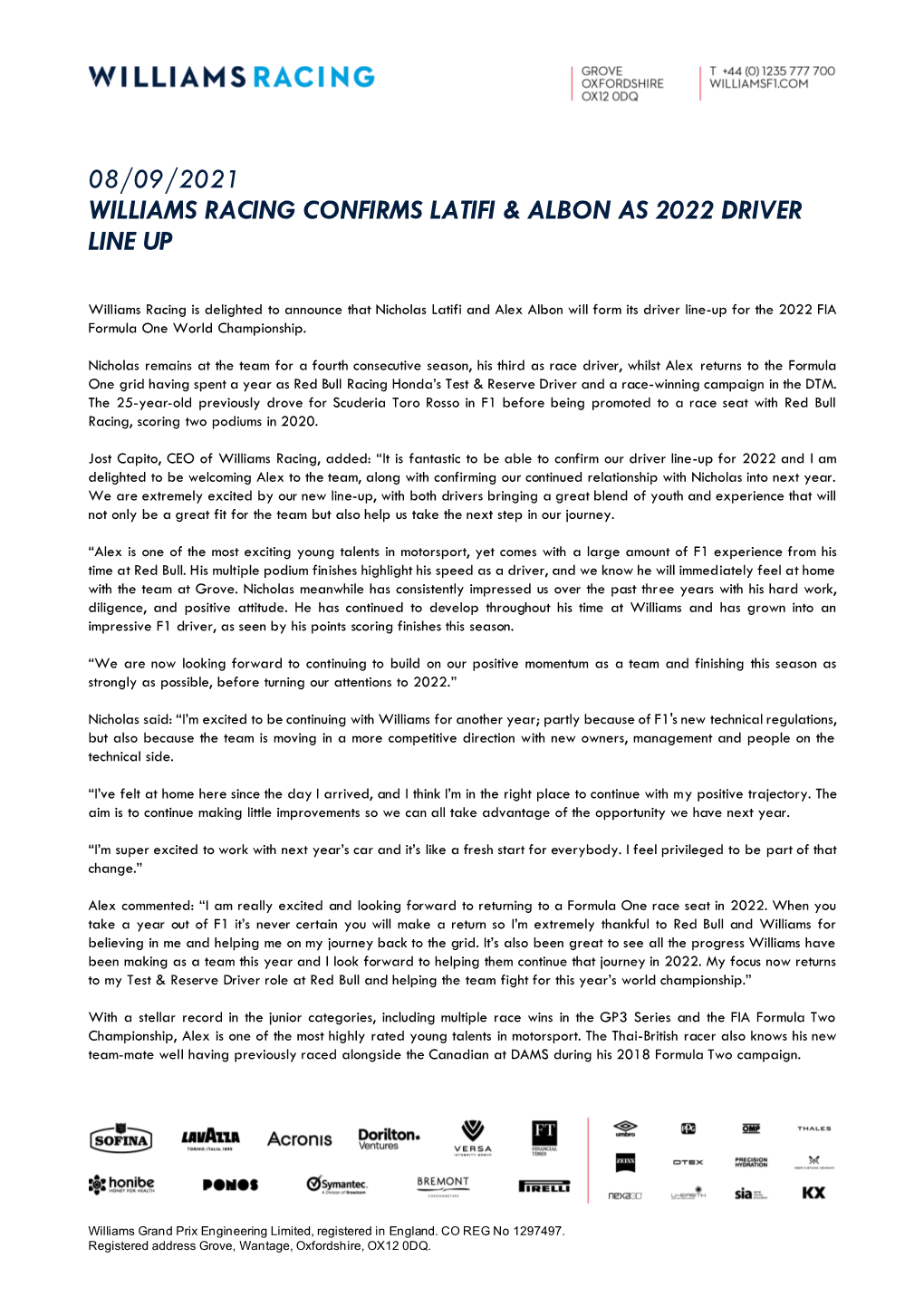 08/09/2021 Williams Racing Confirms Latifi & Albon As 2022 Driver Line Up