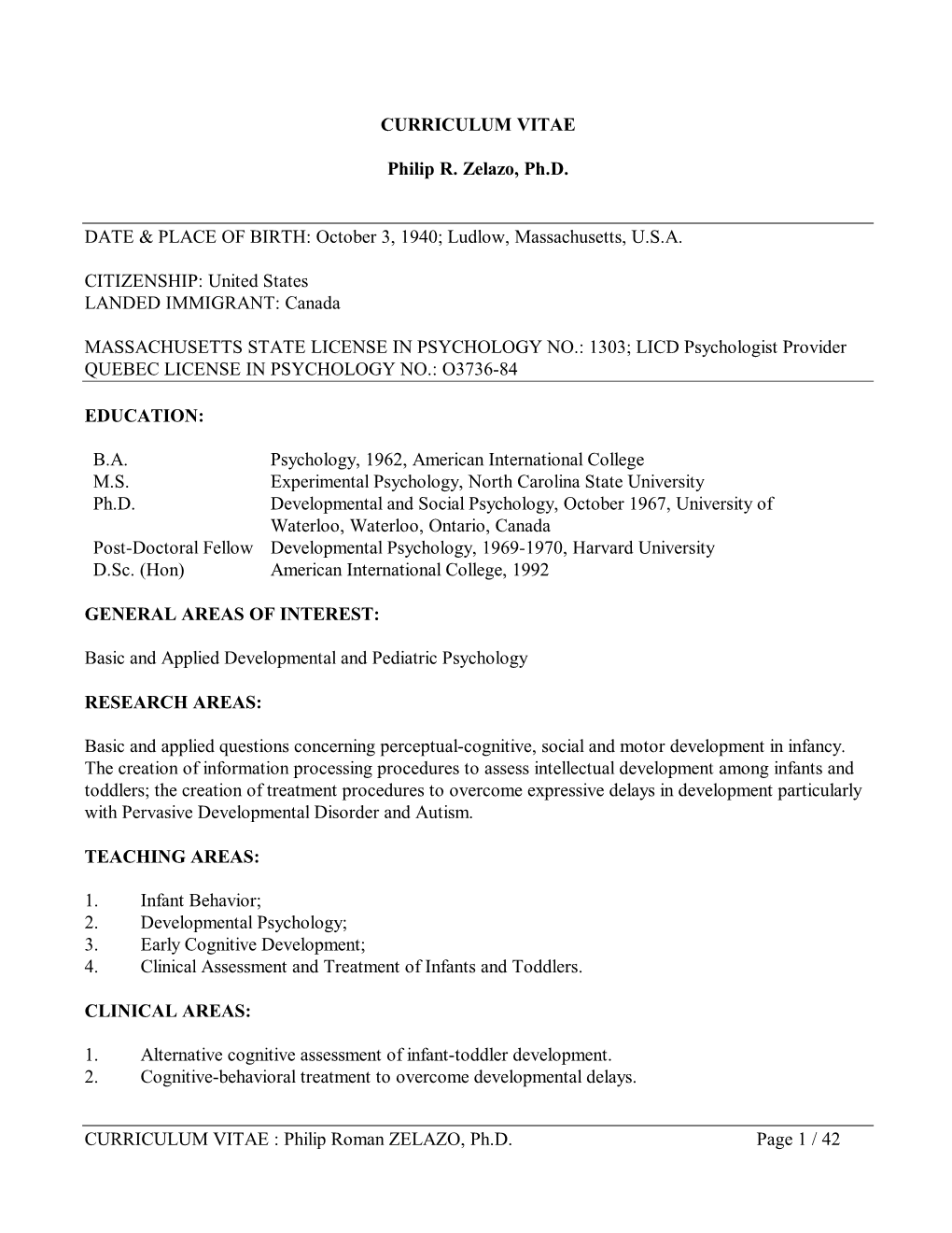 Philip R. Zelazo Curriculum Vitae