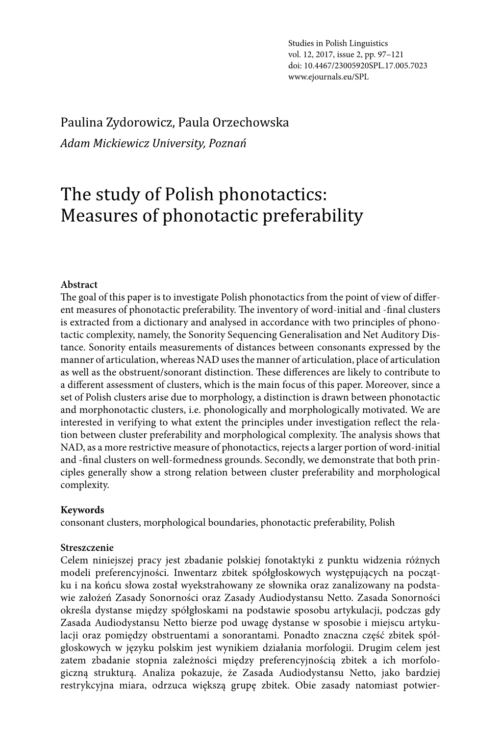The Study of Polish Phonotactics: Measures of Phonotactic Preferability
