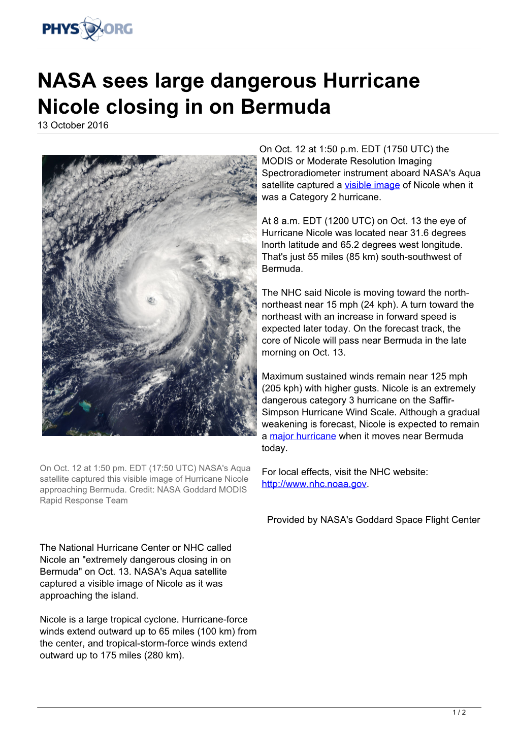 NASA Sees Large Dangerous Hurricane Nicole Closing in on Bermuda 13 October 2016