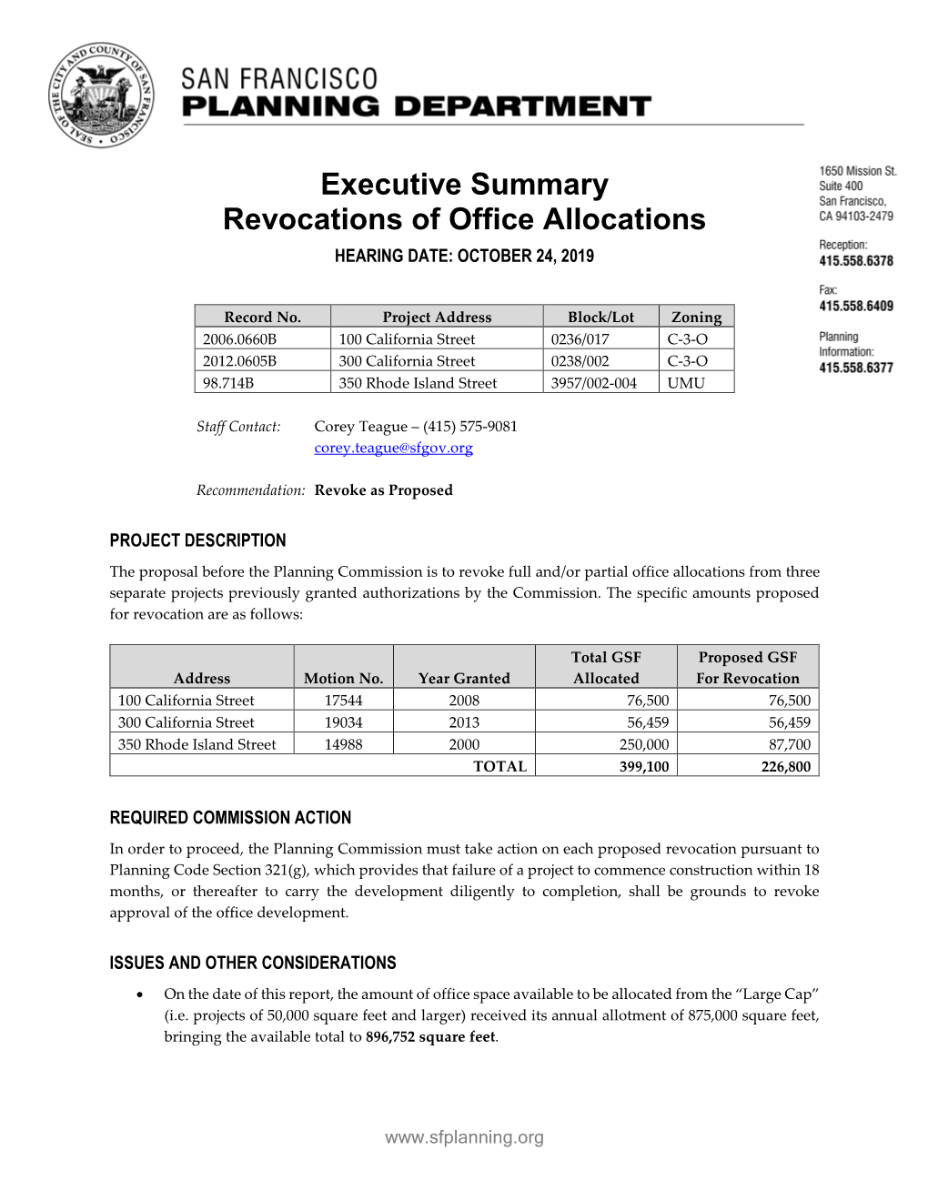 Executive Summary Revocations of Office Allocations HEARING DATE: OCTOBER 24, 2019