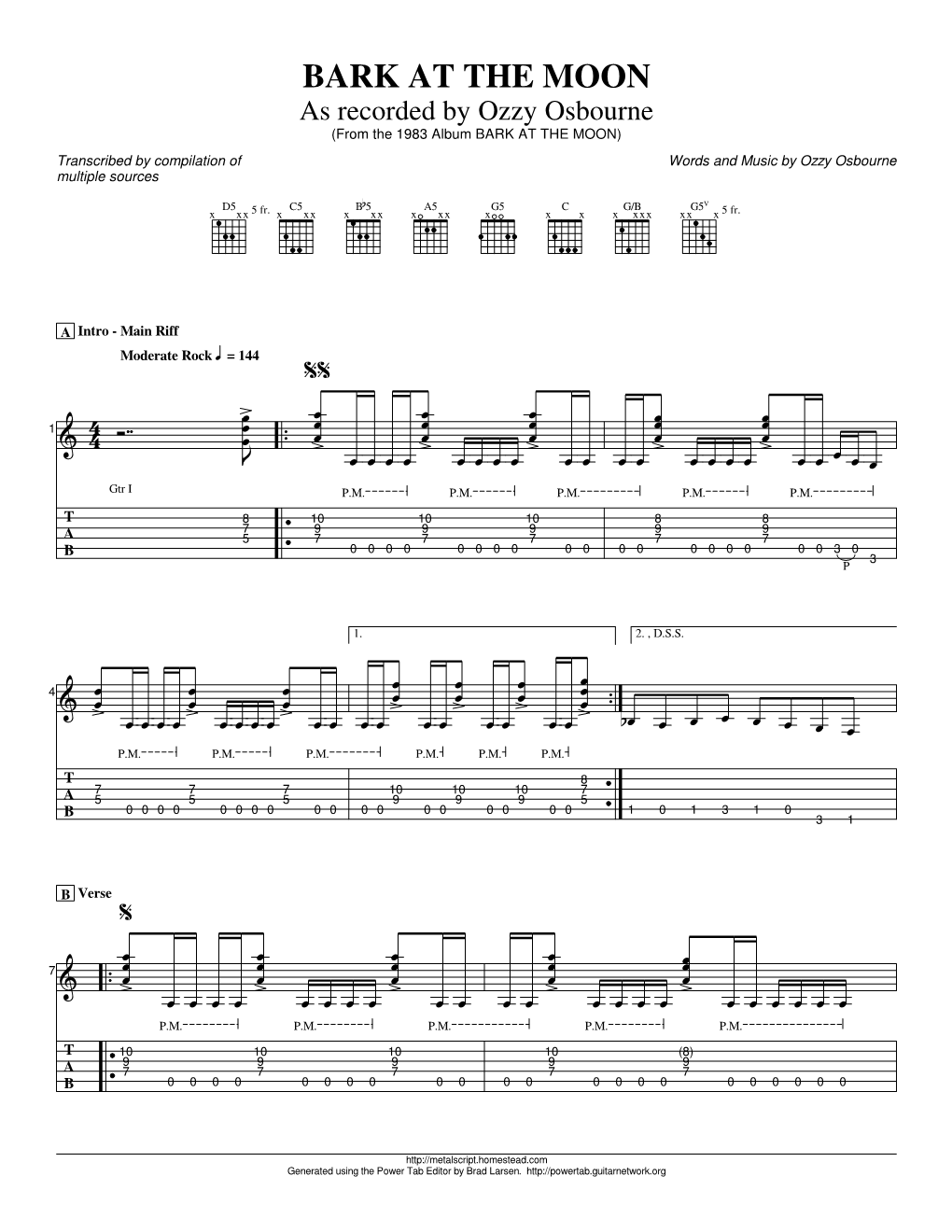 BARK at the MOON As Recorded by Ozzy Osbourne (From the 1983 Album BARK at the MOON) Transcribed by Compilation of Words and Music by Ozzy Osbourne Multiple Sources