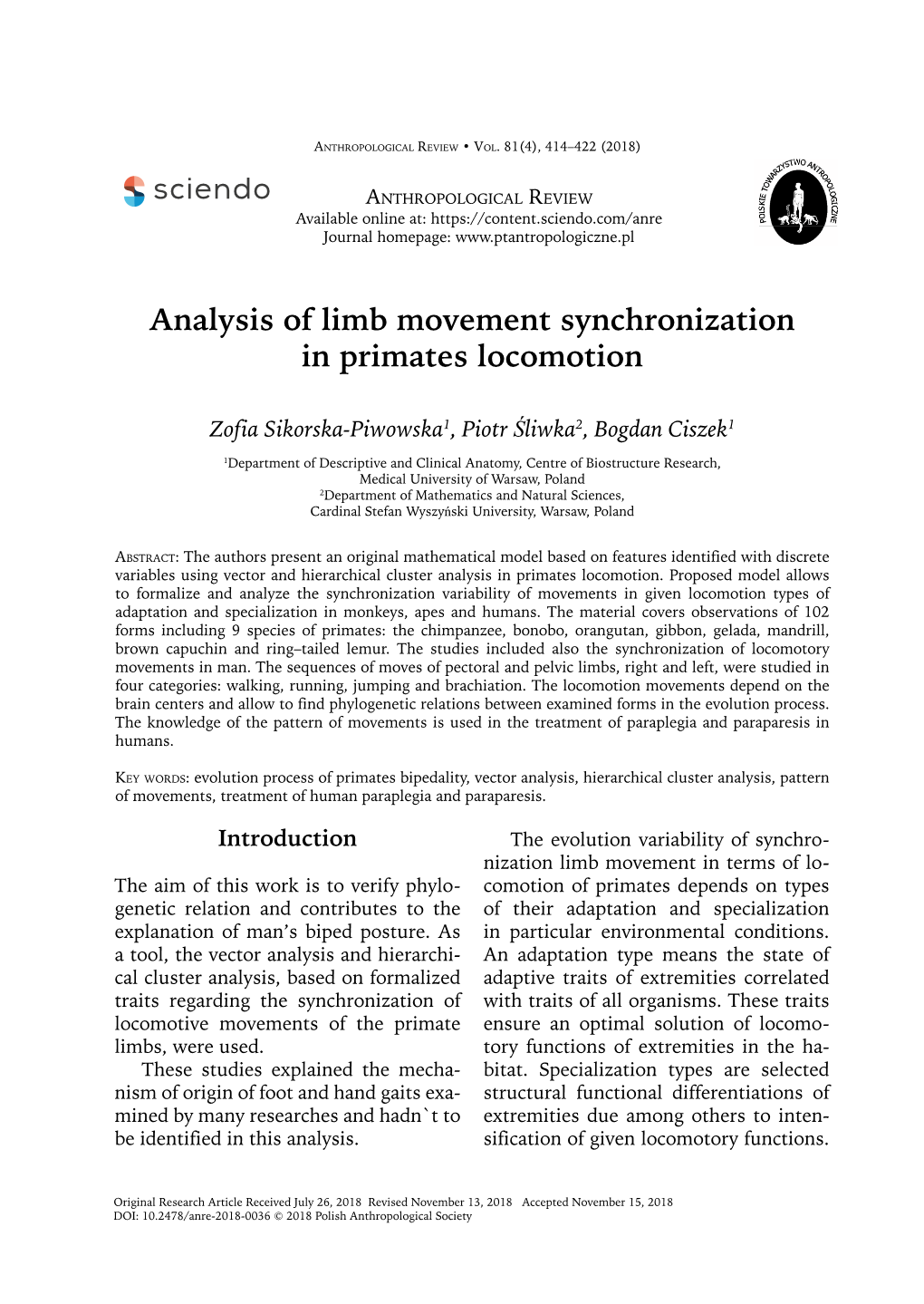 Analysis of Limb Movement Synchronization in Primates Locomotion