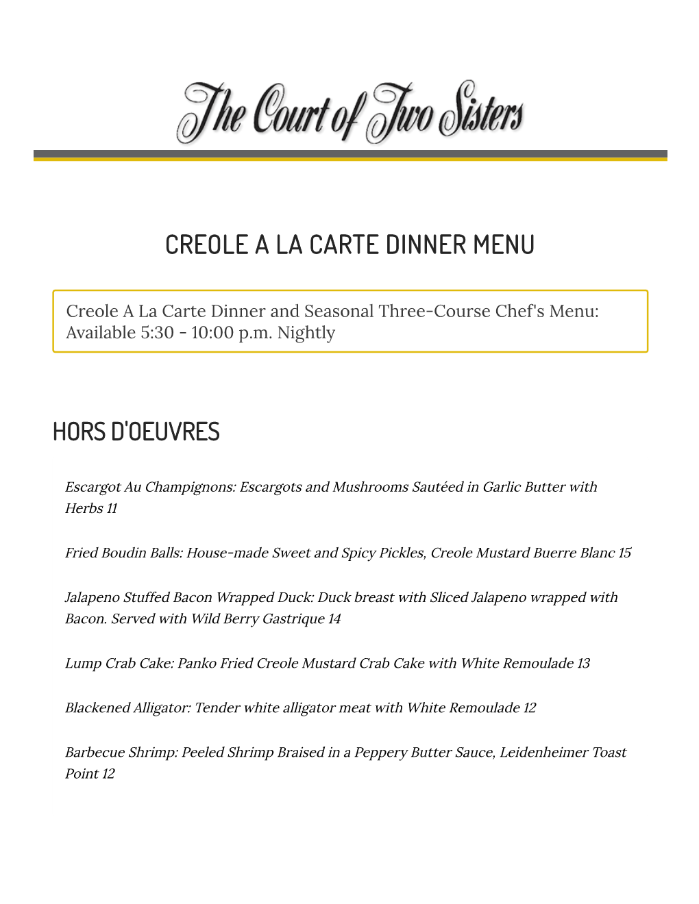 Creole a La Carte Dinner Menu