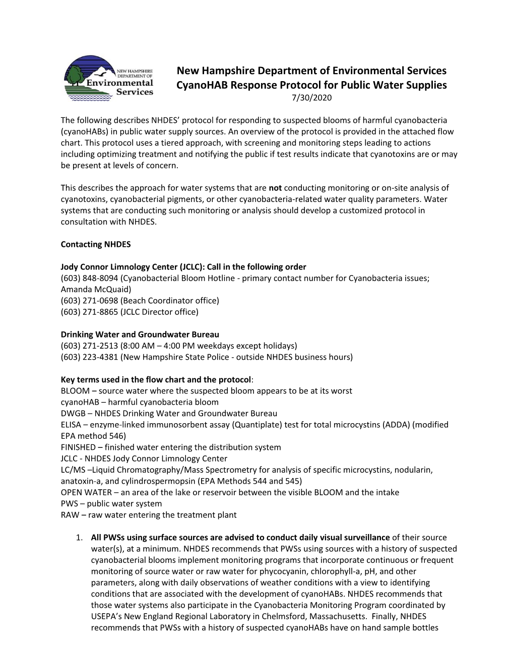 NHDES Cyanohab Response Protocol for Public Water Supplies