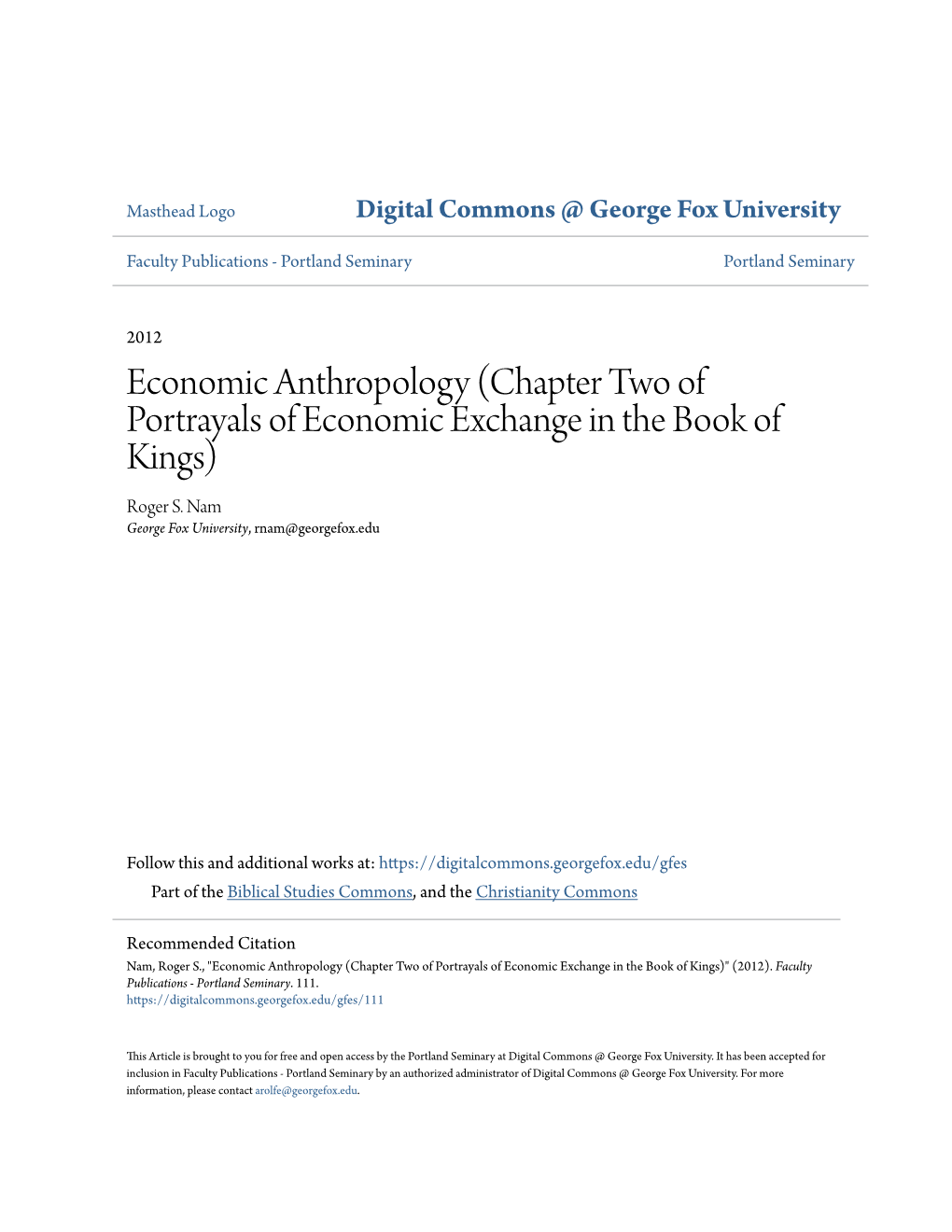 Economic Anthropology (Chapter Two of Portrayals of Economic Exchange in the Book of Kings) Roger S