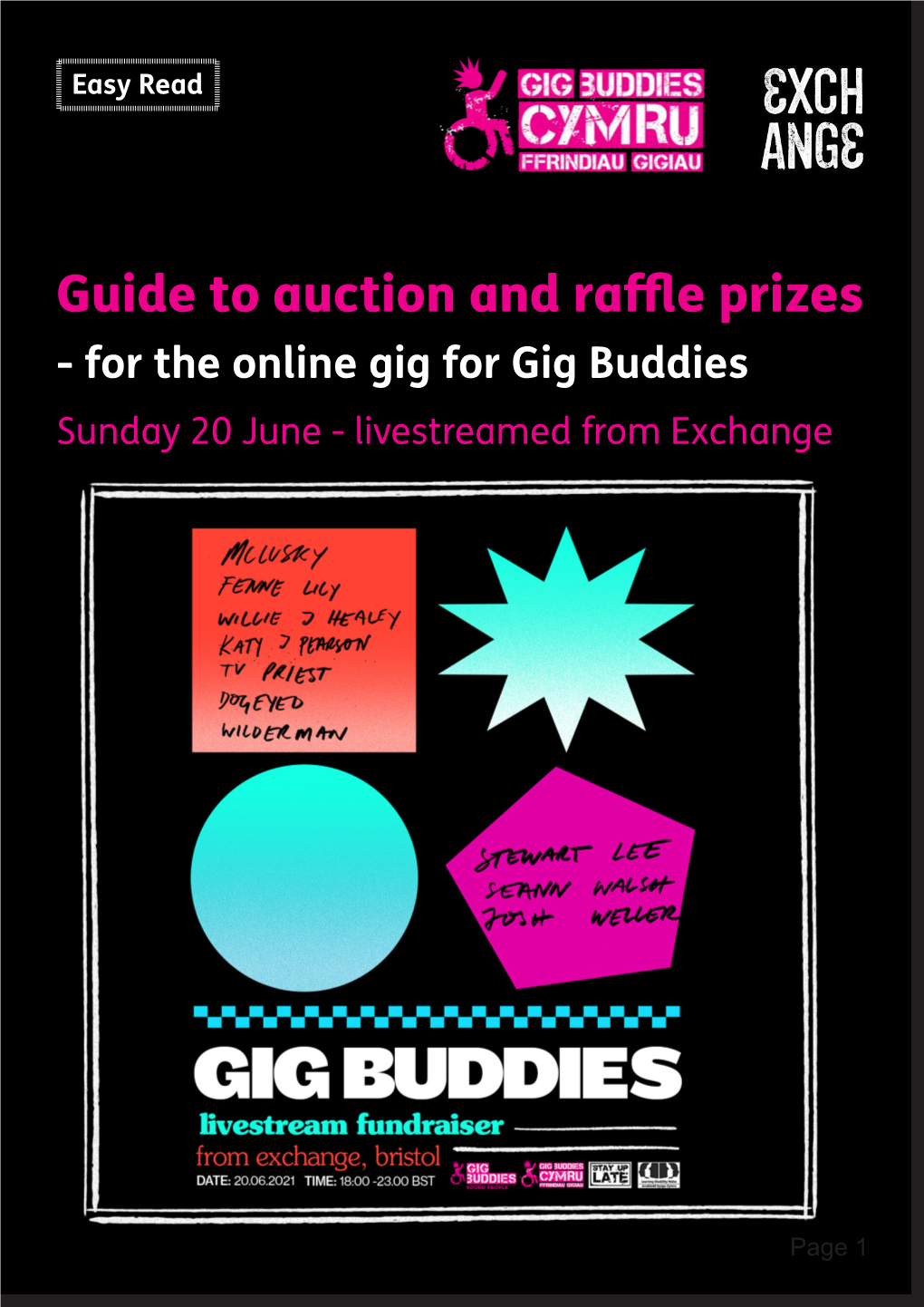 Guide to Auction and Raffle Prizes - for the Online Gig for Gig Buddies Sunday 20 June - Livestreamed from Exchange