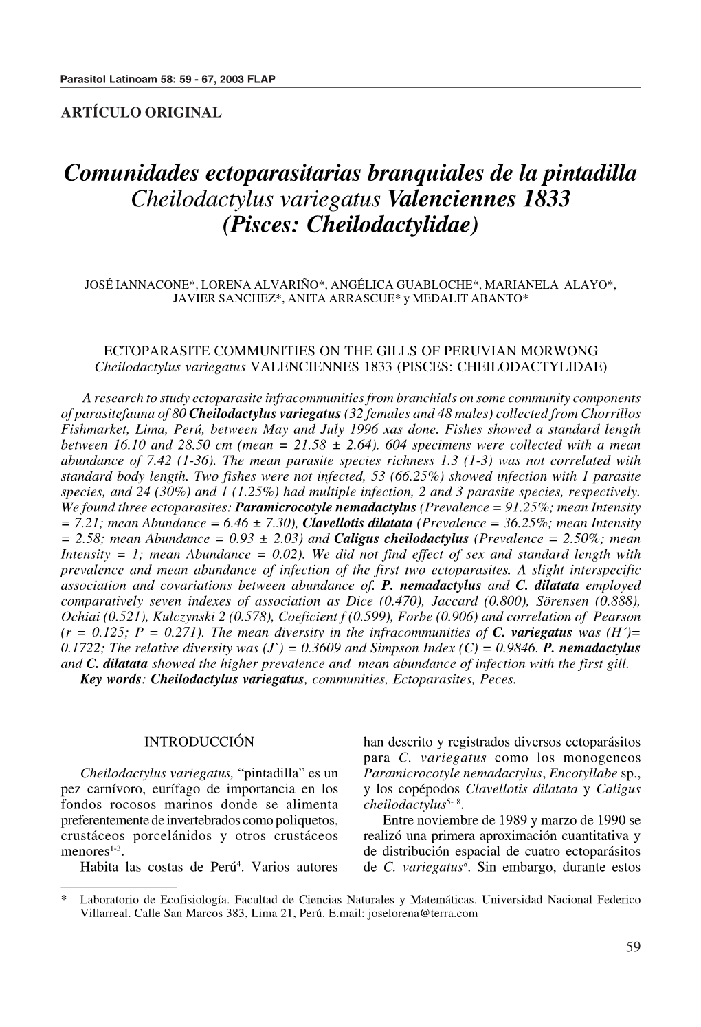 Comunidades Ectoparasitarias Branquiales De La Pintadilla Cheilodactylus Variegatus Valenciennes 1833 (Pisces: Cheilodactylidae)