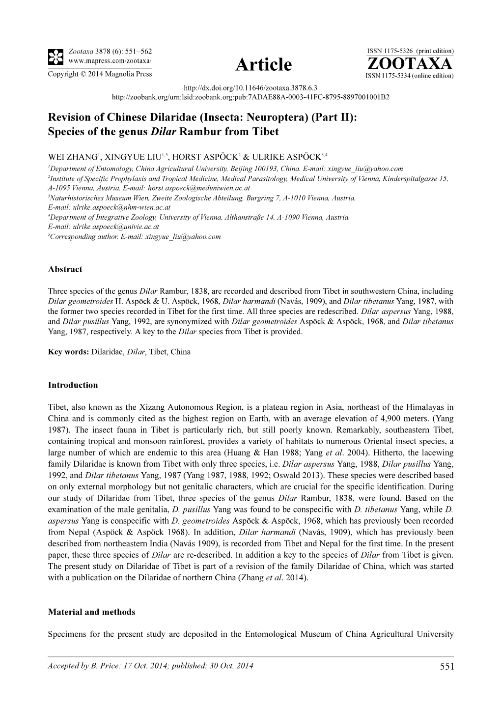 Revision of Chinese Dilaridae (Insecta: Neuroptera) (Part II): Species of the Genus Dilar Rambur from Tibet