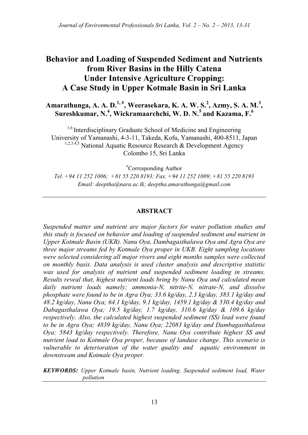 Behavior and Loading of Suspended Sediment and Nutrients