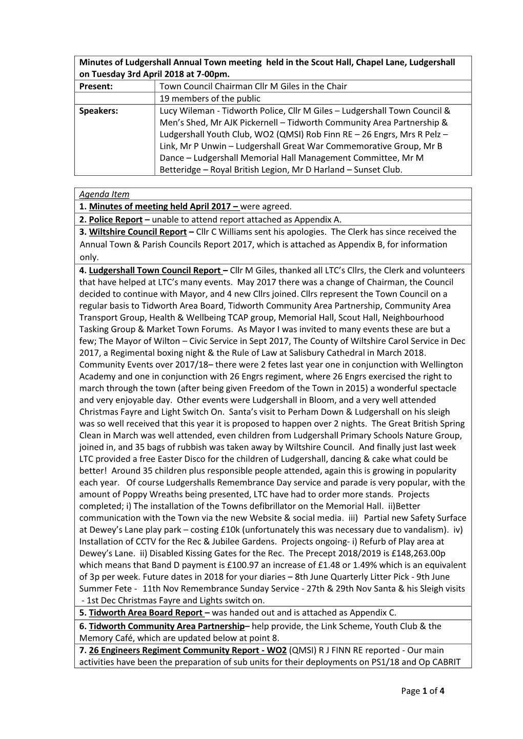 Page 1 of 4 Minutes of Ludgershall Annual Town Meeting Held in the Scout Hall, Chapel Lane, Ludgershall on Tuesday 3Rd April 20