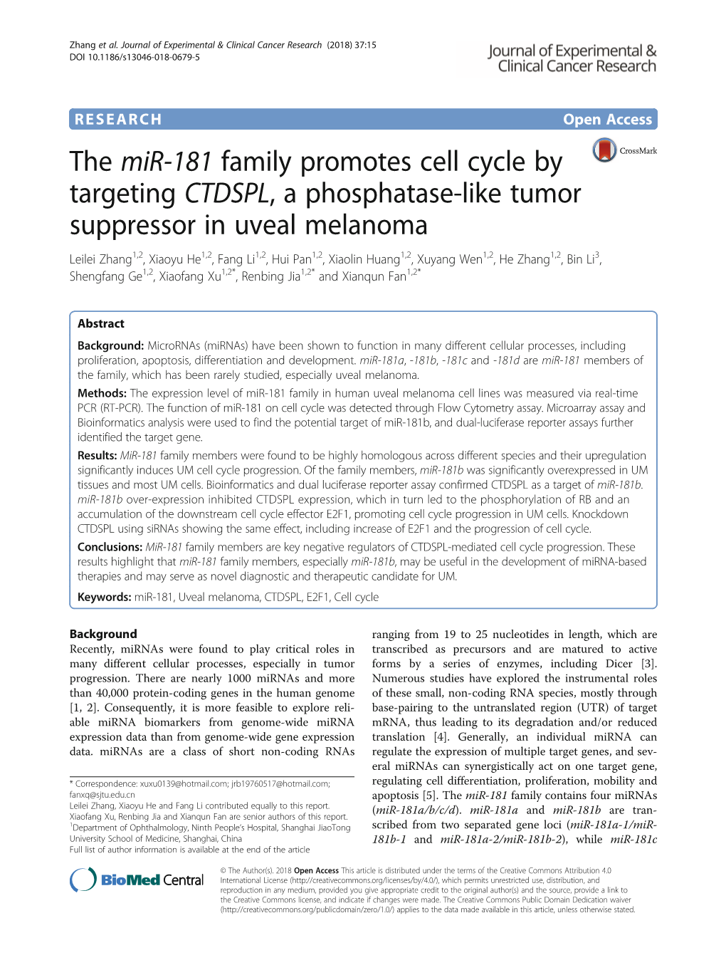 The Mir-181 Family Promotes Cell Cycle by Targeting CTDSPL, A